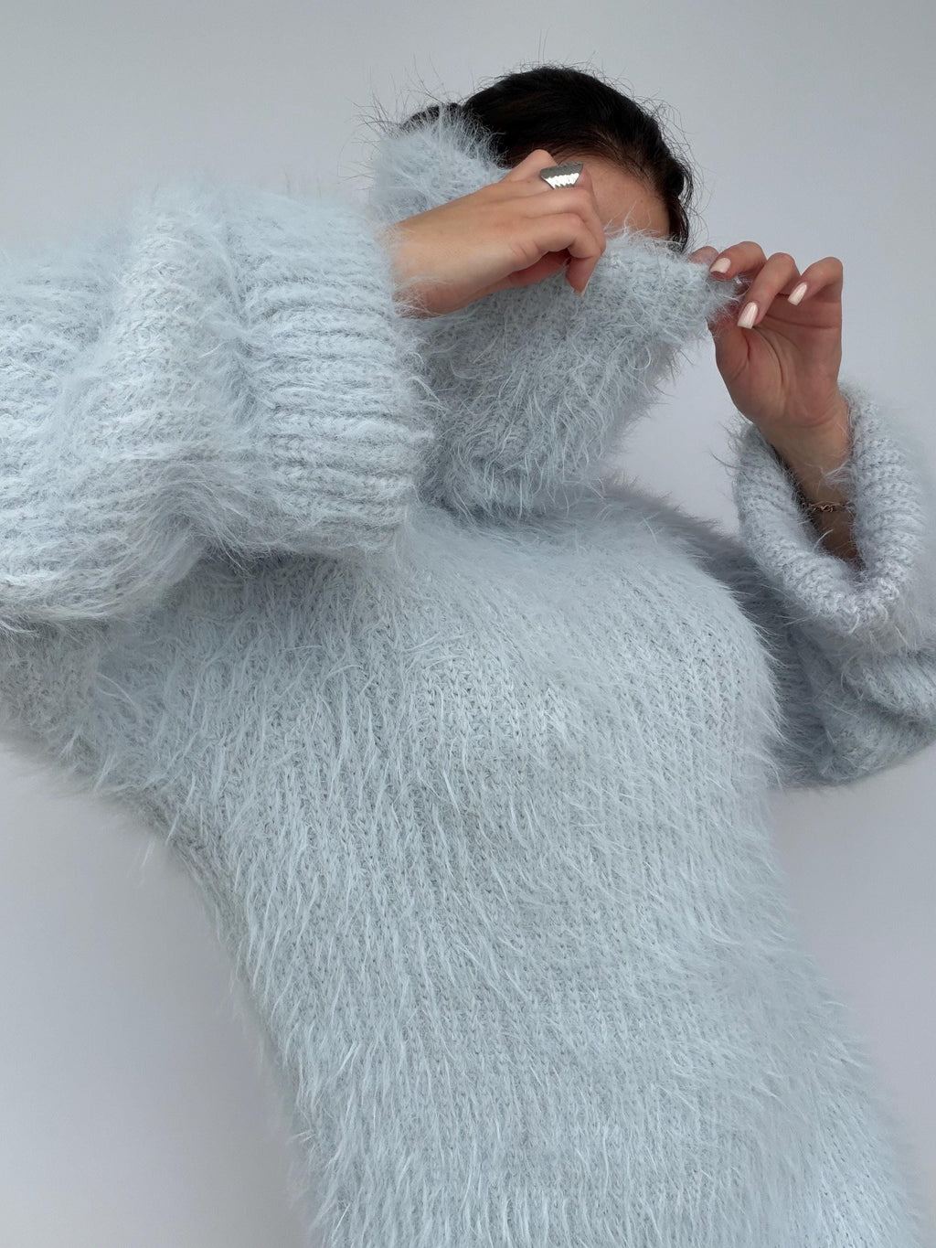 Hand Knit Merino Wool Large Turtleneck Sweater Dress Chunky Fluffy Oversized Pullover Soft Light Blue High Collar Winter Sweater