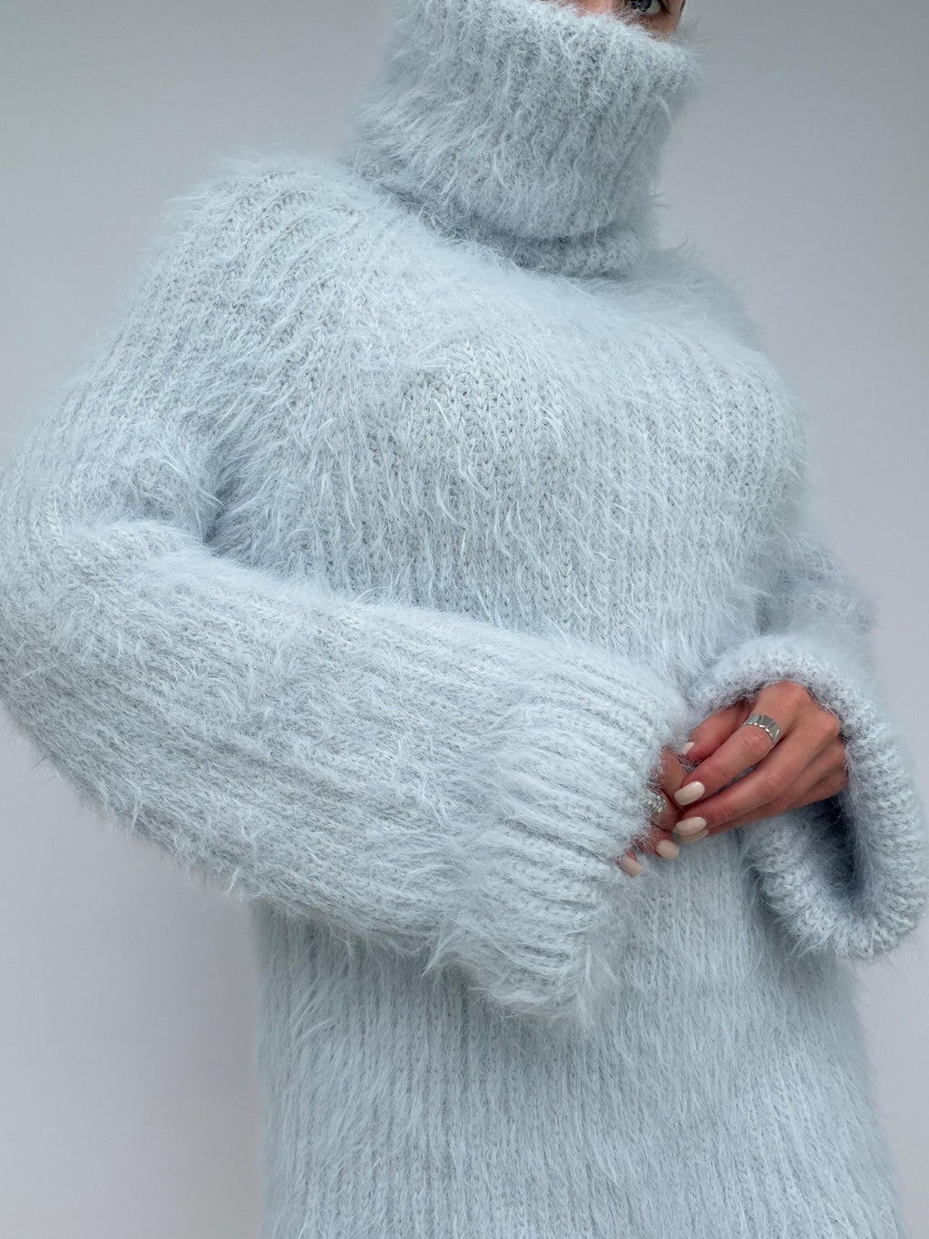 Hand Knit Merino Wool Large Turtleneck Sweater Dress Chunky Fluffy Oversized Pullover Soft Light Blue High Collar Winter Sweater