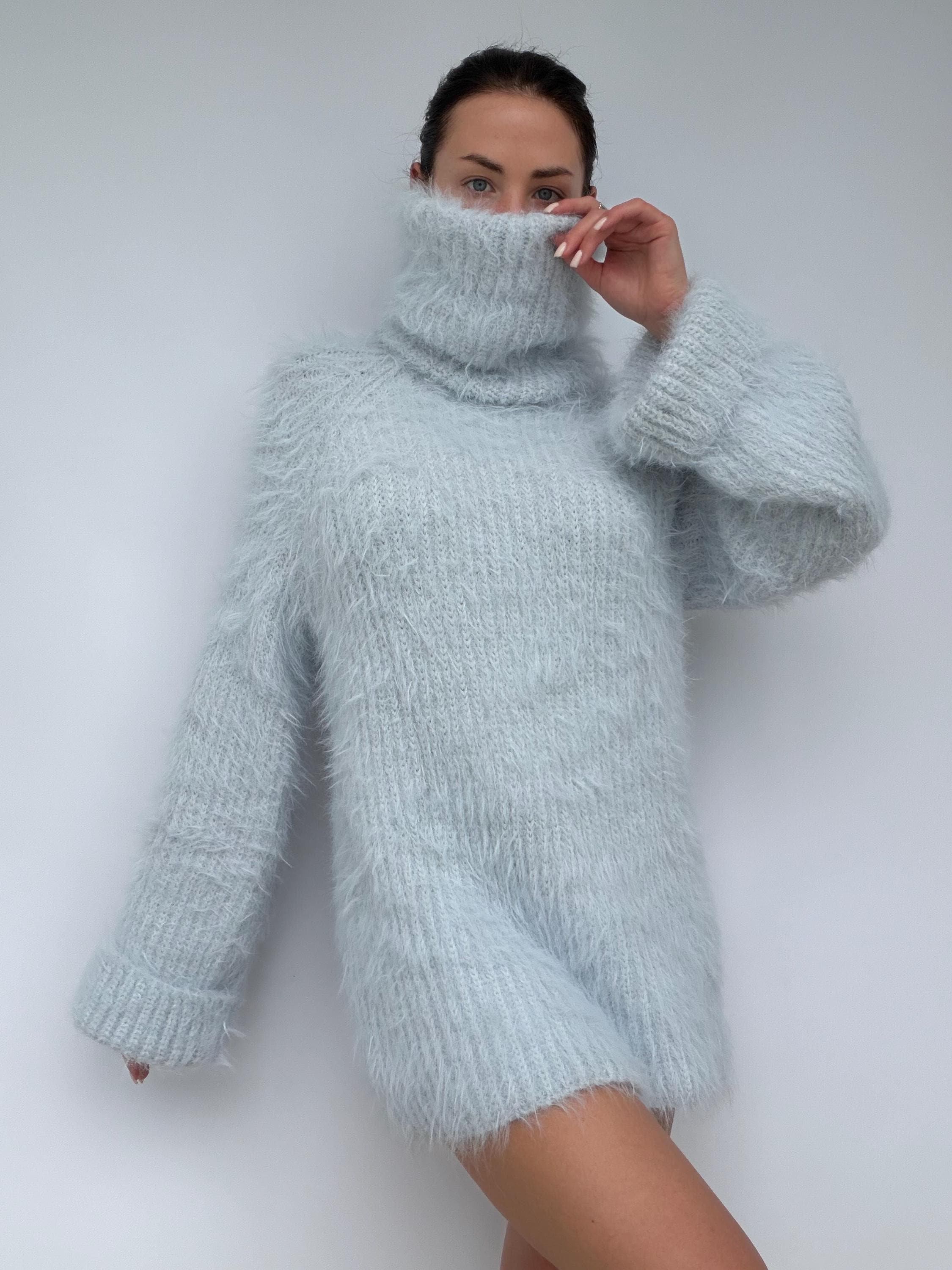 Hand Knit Merino Wool Large Turtleneck Sweater Dress Chunky Fluffy Oversized Pullover Soft Light Blue High Collar Winter Sweater