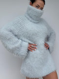 Hand Knit Merino Wool Large Turtleneck Sweater Dress Chunky Fluffy Oversized Pullover Soft Light Blue High Collar Winter Sweater