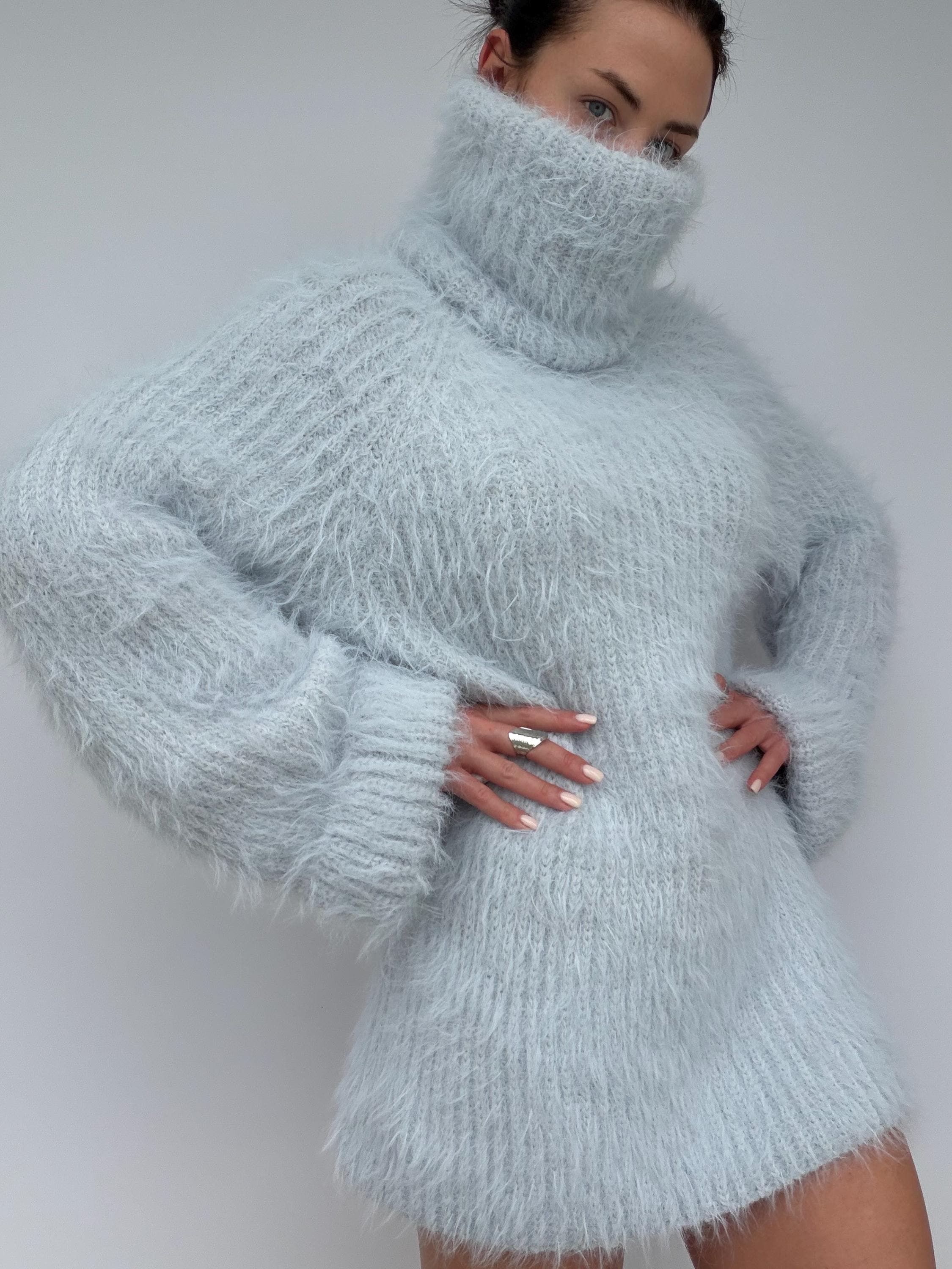 Hand Knit Merino Wool Large Turtleneck Sweater Dress Chunky Fluffy Oversized Pullover Soft Light Blue High Collar Winter Sweater
