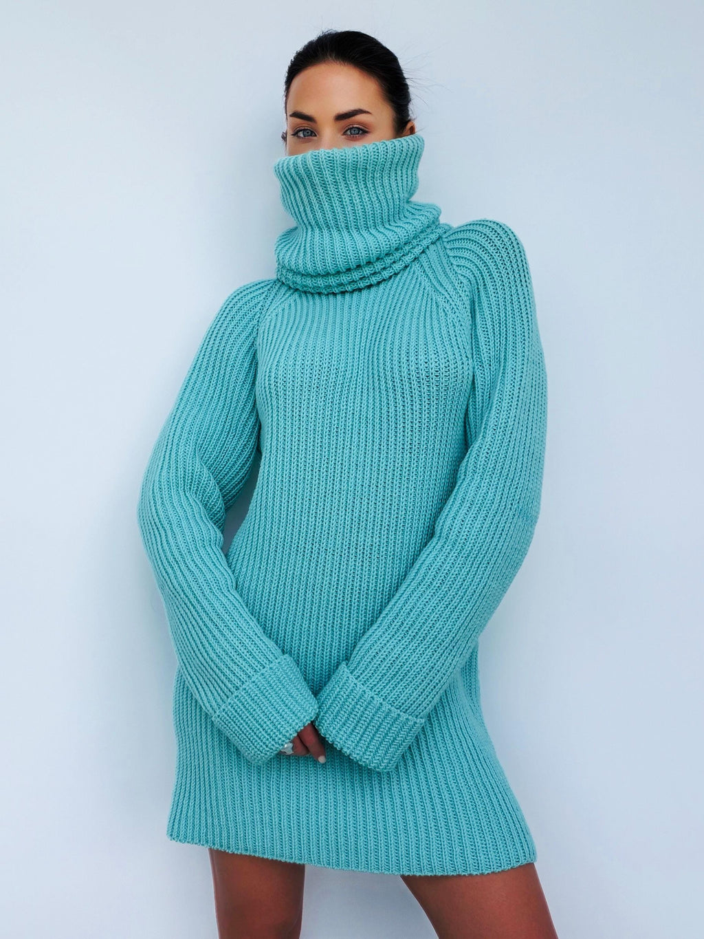 Light blue merino wool sweater dress Сhunky knit large turtleneck pullover Big high collar long sleeve sweater Handmade warm winter tunic