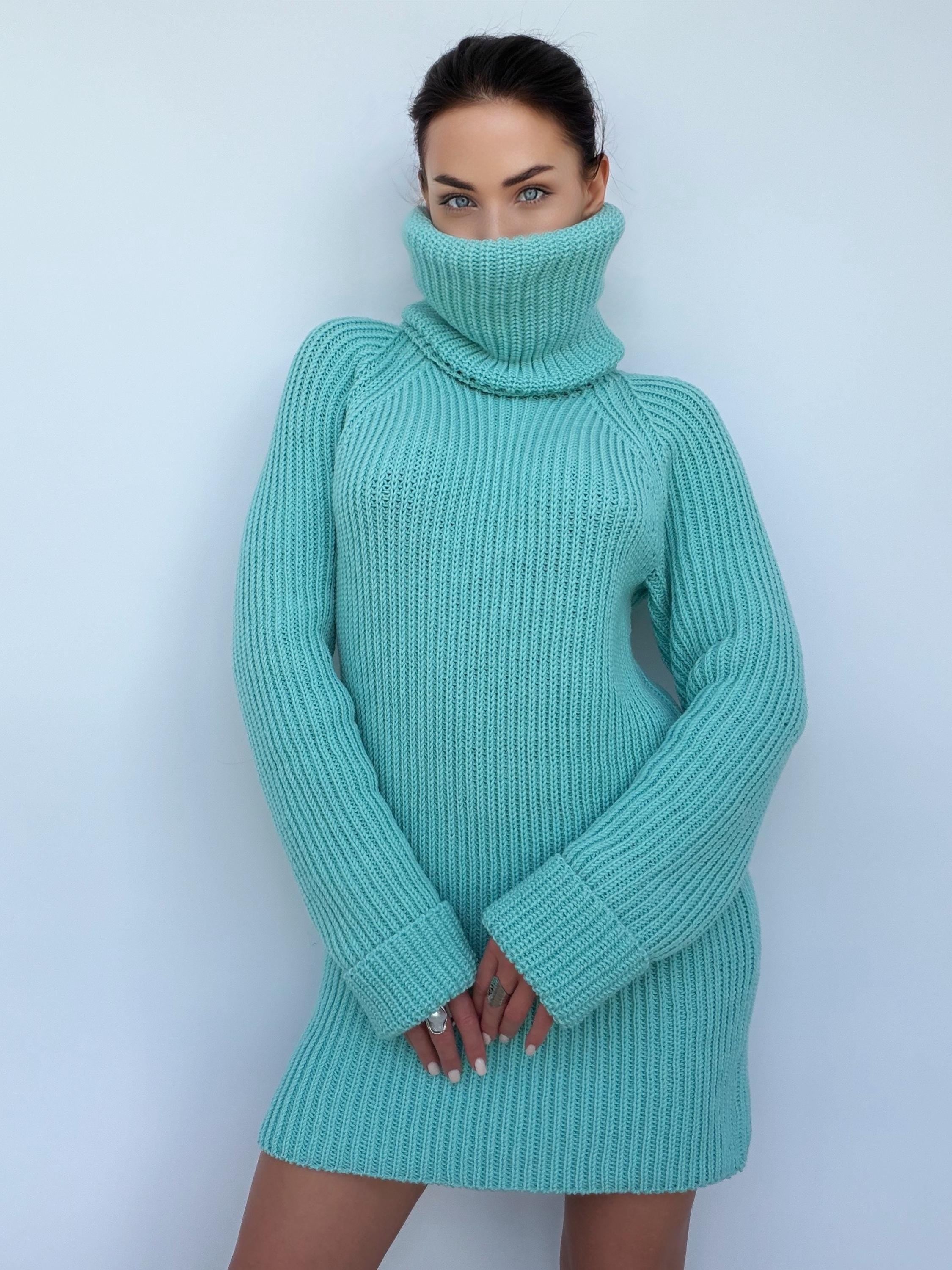 Light blue merino wool sweater dress Сhunky knit large turtleneck pullover Big high collar long sleeve sweater Handmade warm winter tunic