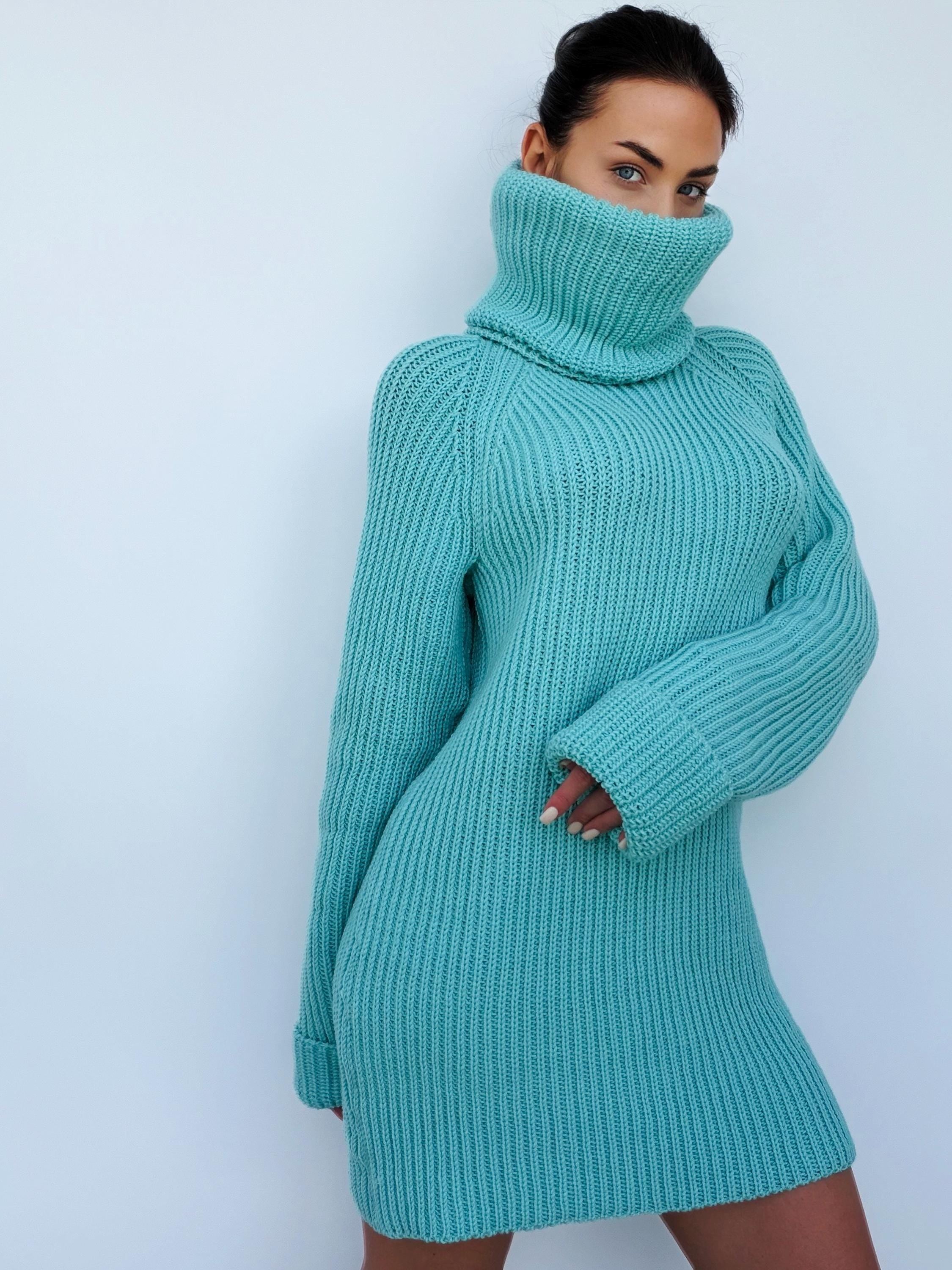 Light blue merino wool sweater dress Сhunky knit large turtleneck pullover Big high collar long sleeve sweater Handmade warm winter tunic
