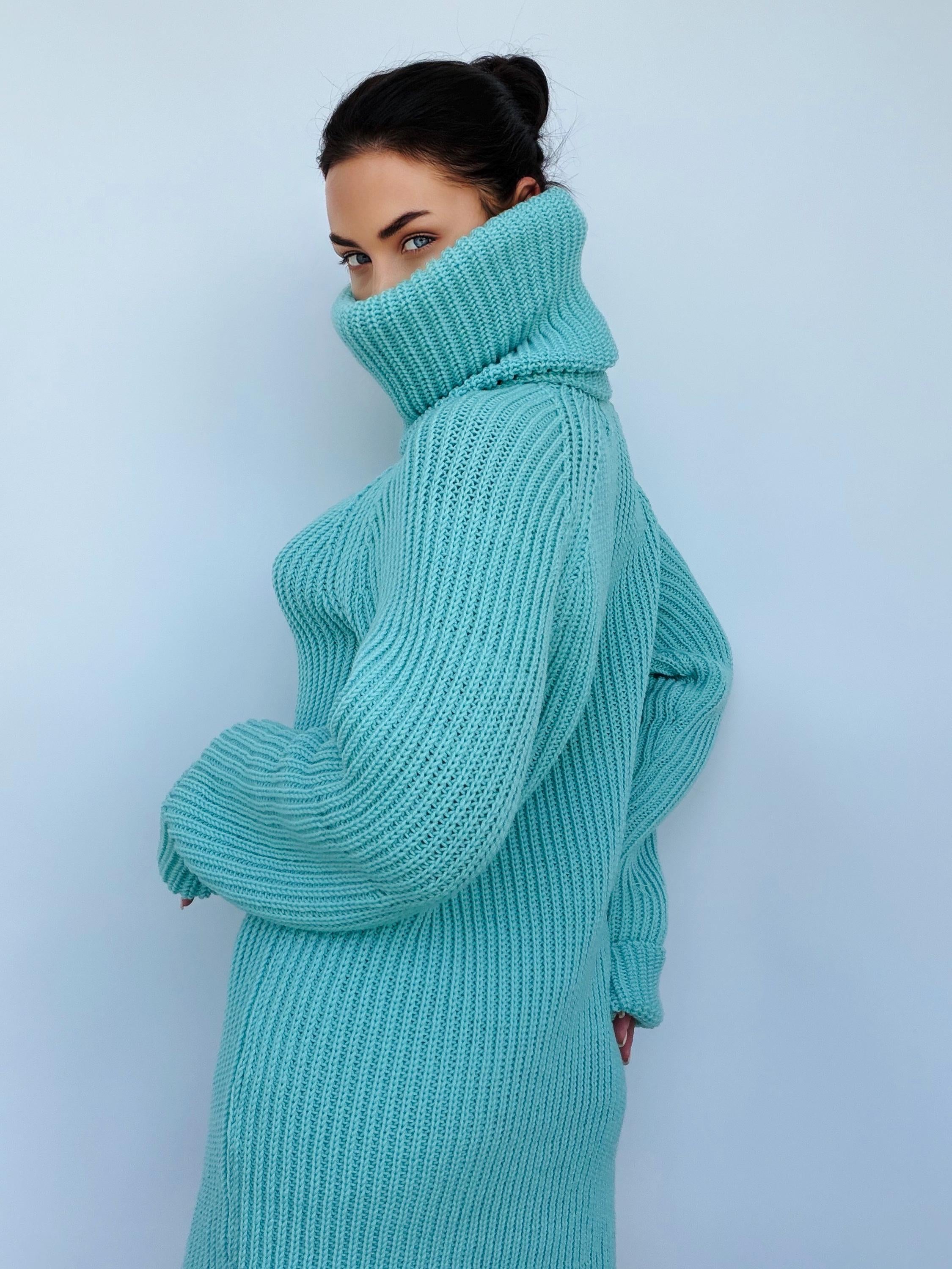 Light blue merino wool sweater dress Сhunky knit large turtleneck pullover Big high collar long sleeve sweater Handmade warm winter tunic
