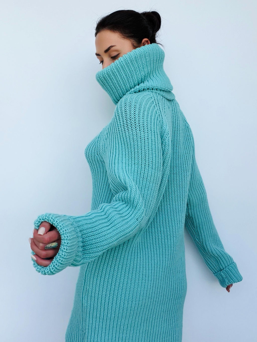 Light blue merino wool sweater dress Сhunky knit large turtleneck pullover Big high collar long sleeve sweater Handmade warm winter tunic