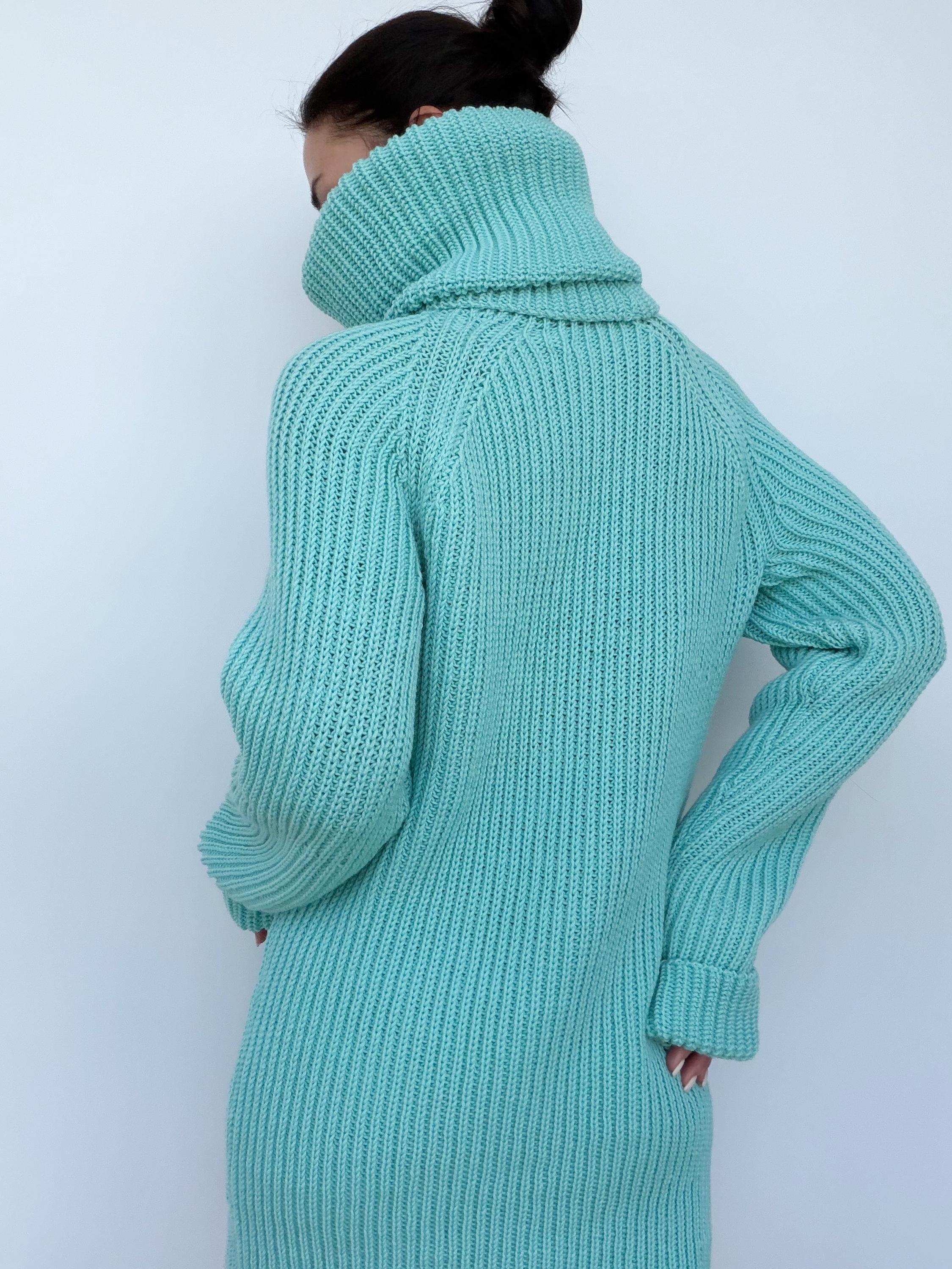 Light blue merino wool sweater dress Сhunky knit large turtleneck pullover Big high collar long sleeve sweater Handmade warm winter tunic