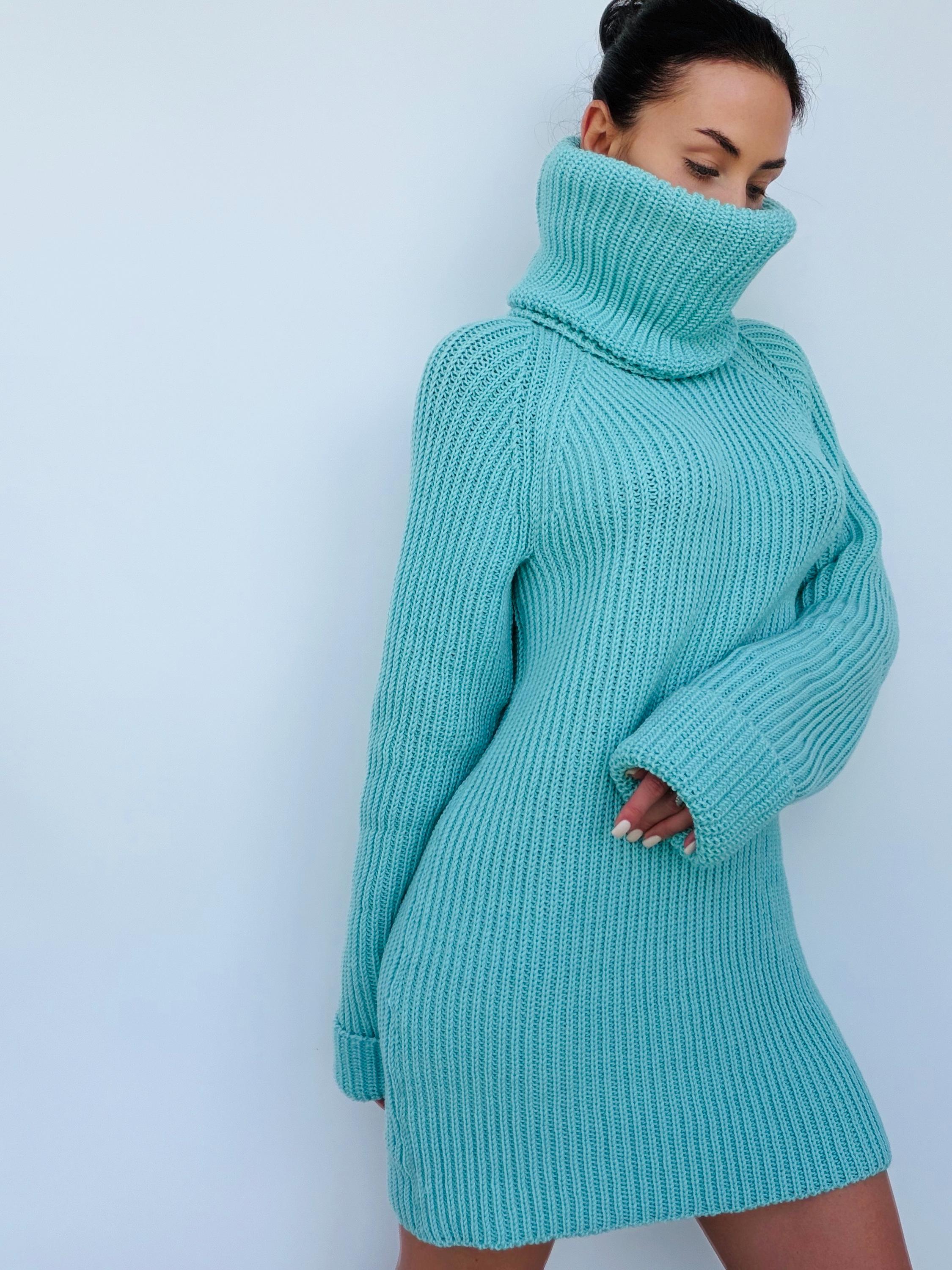 Light blue merino wool sweater dress Сhunky knit large turtleneck pullover Big high collar long sleeve sweater Handmade warm winter tunic