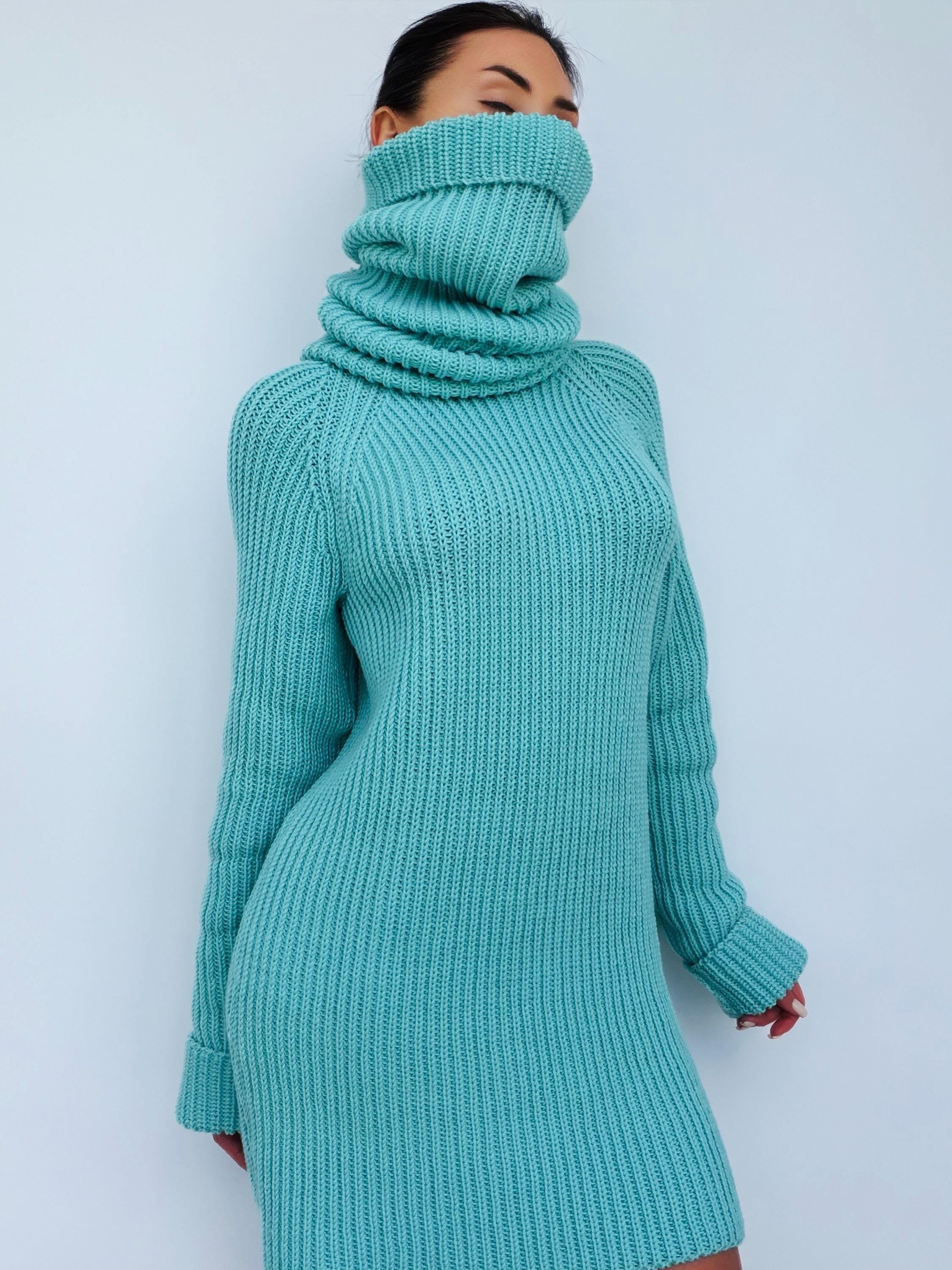Light blue merino wool sweater dress Сhunky knit large turtleneck pullover Big high collar long sleeve sweater Handmade warm winter tunic