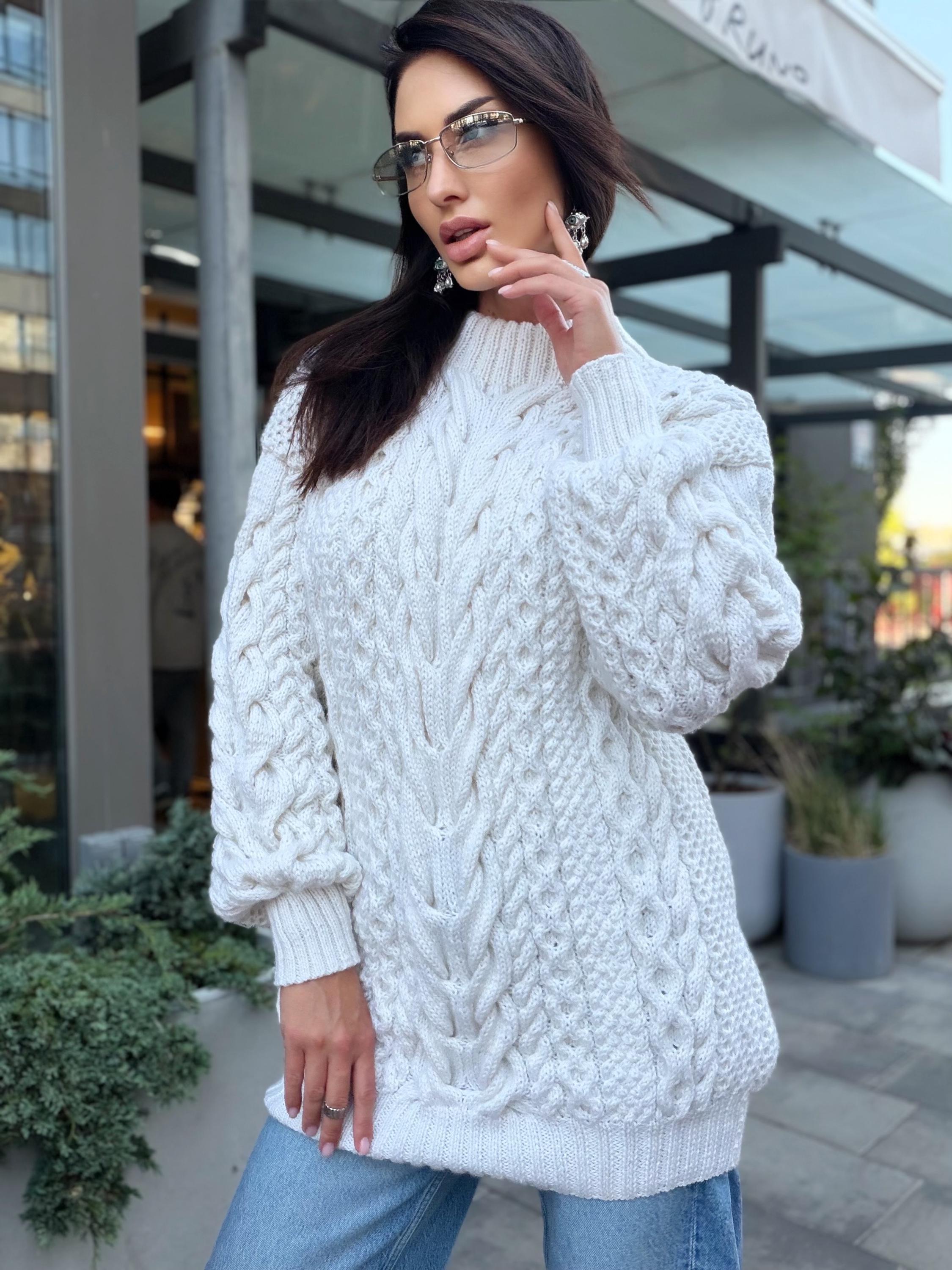 Aran oversized hand knit Sweater cable knit sweater dress Chunky knit pullover merino wool Blend hand knit Unisex White Fisherman Sweater
