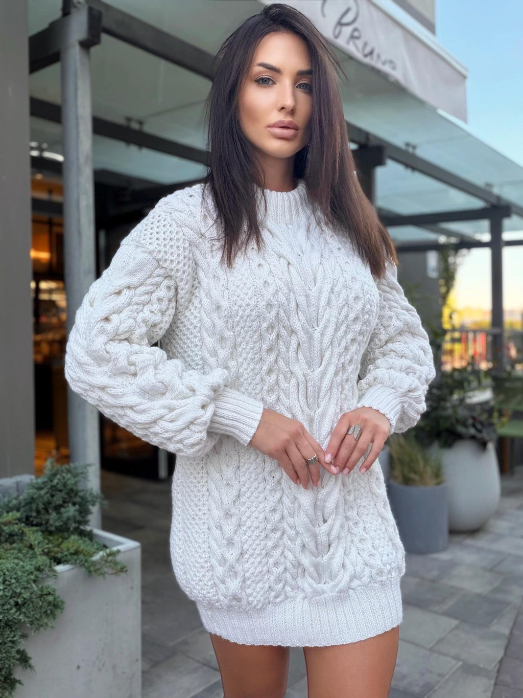Aran oversized hand knit Sweater cable knit sweater dress Chunky knit pullover merino wool Blend hand knit Unisex White Fisherman Sweater