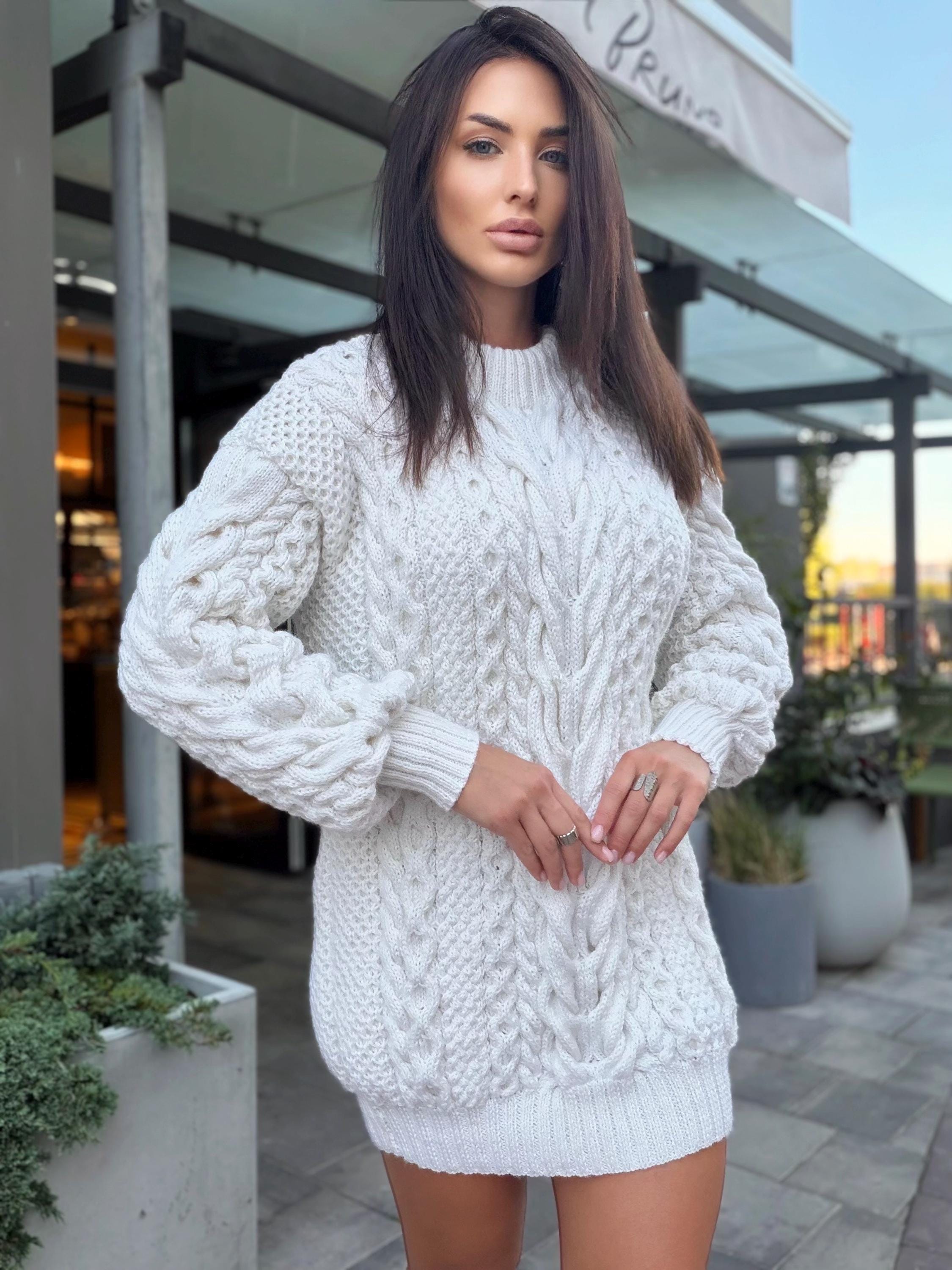 Aran oversized hand knit Sweater cable knit sweater dress Chunky knit pullover merino wool Blend hand knit Unisex White Fisherman Sweater