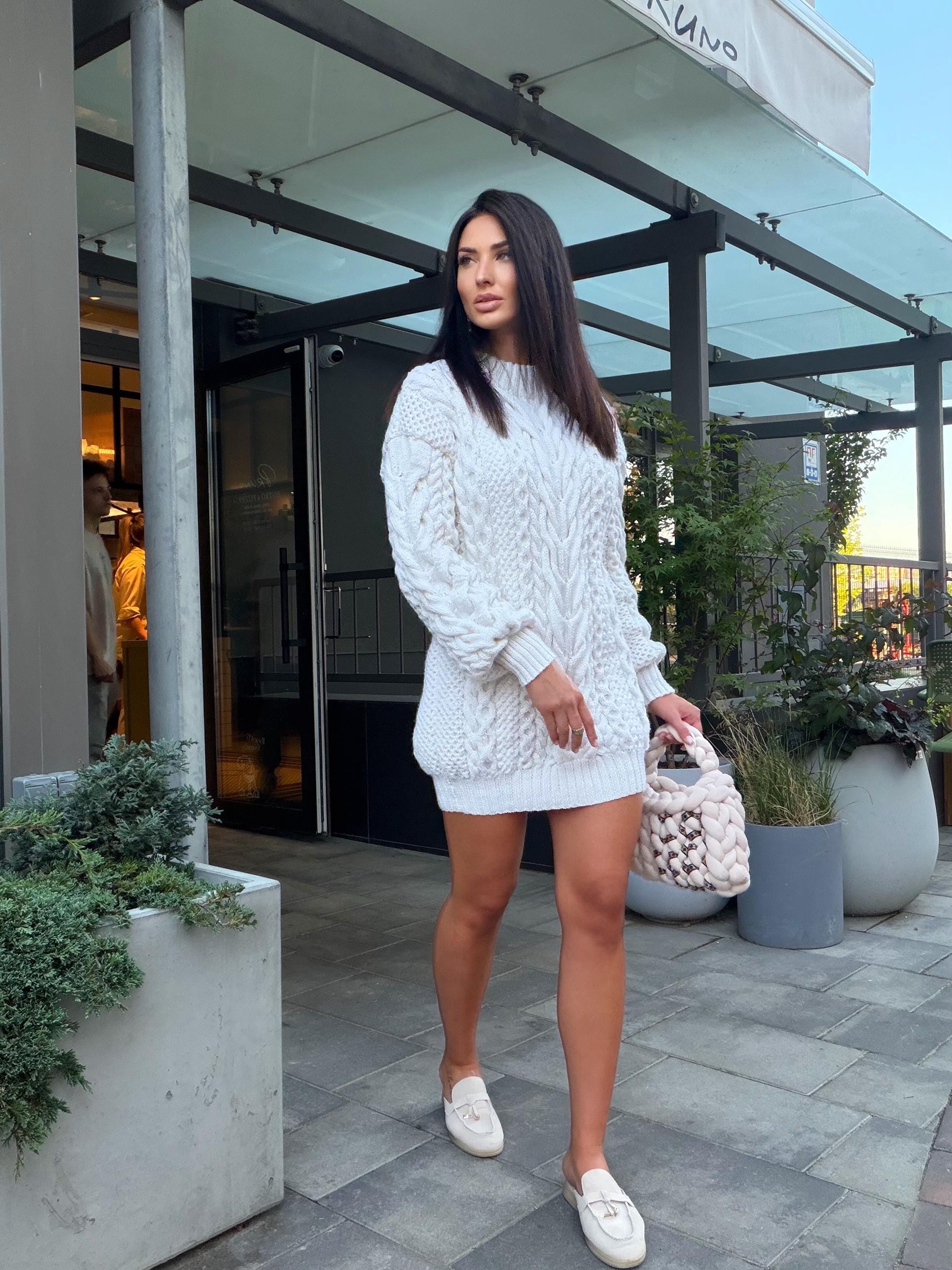 Aran oversized hand knit Sweater cable knit sweater dress Chunky knit pullover merino wool Blend hand knit Unisex White Fisherman Sweater