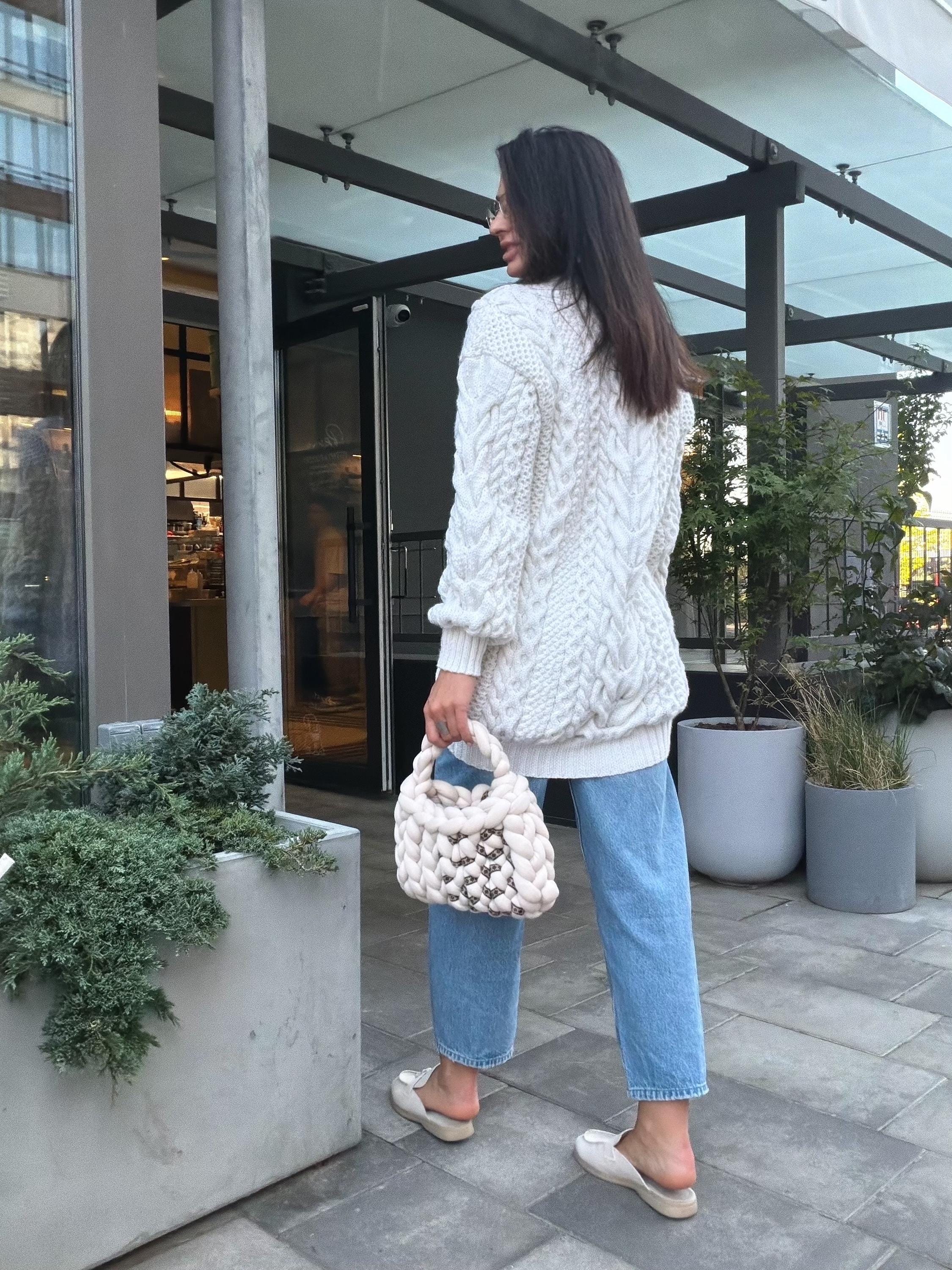 Aran oversized hand knit Sweater cable knit sweater dress Chunky knit pullover merino wool Blend hand knit Unisex White Fisherman Sweater