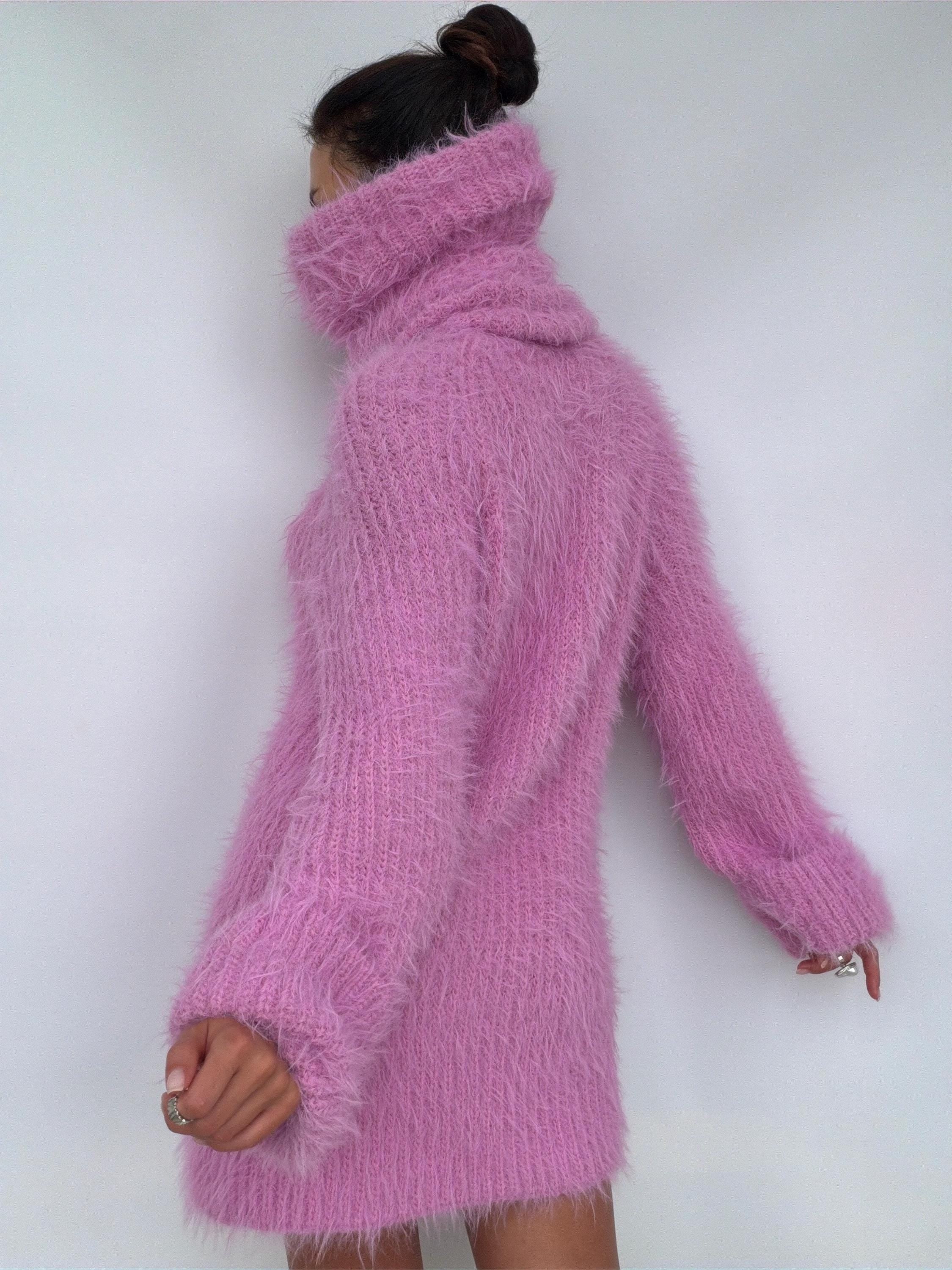 Chunky Knit Large Turtleneck Sweater Dress, Soft Light Pink Merino Wool Pullover, Oversized High Collar Winter Tunic, Handcrafted Knitwear