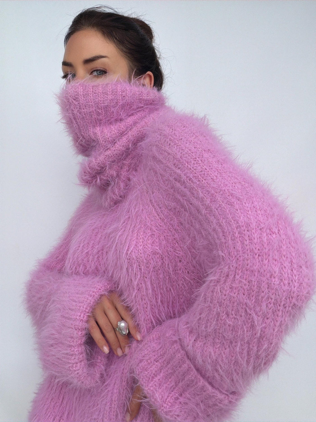 Chunky Knit Large Turtleneck Sweater Dress, Soft Light Pink Merino Wool Pullover, Oversized High Collar Winter Tunic, Handcrafted Knitwear