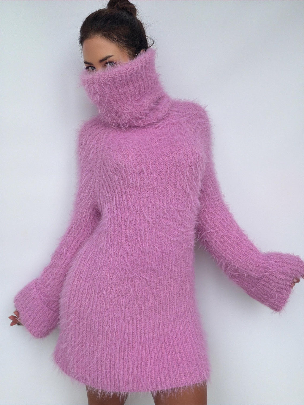 Chunky Knit Large Turtleneck Sweater Dress, Soft Light Pink Merino Wool Pullover, Oversized High Collar Winter Tunic, Handcrafted Knitwear