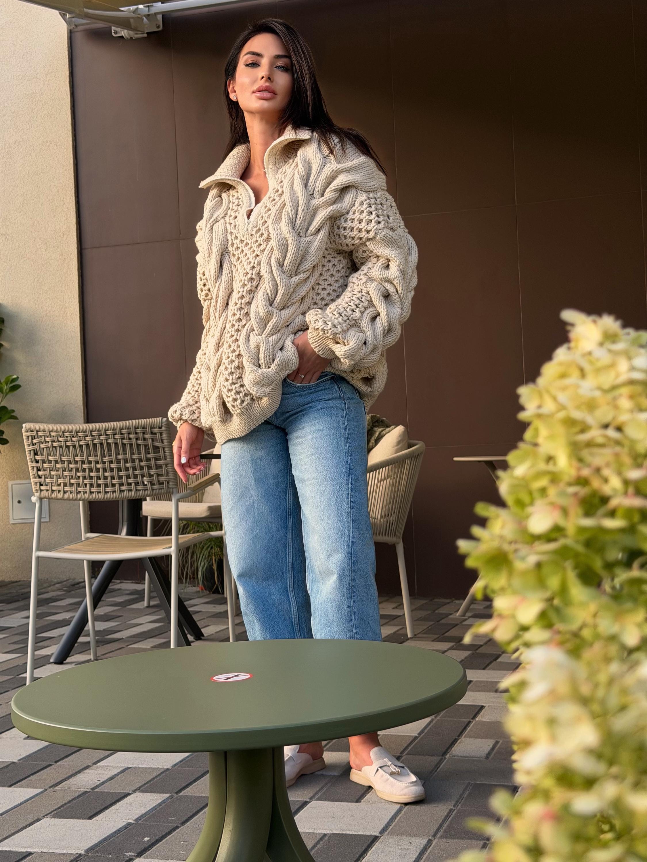 Chunky cable knit chunky 100% merino wool sweater turtleneck Hand knit soft pastel beige pullover High collar Warm oversize sweater unisex