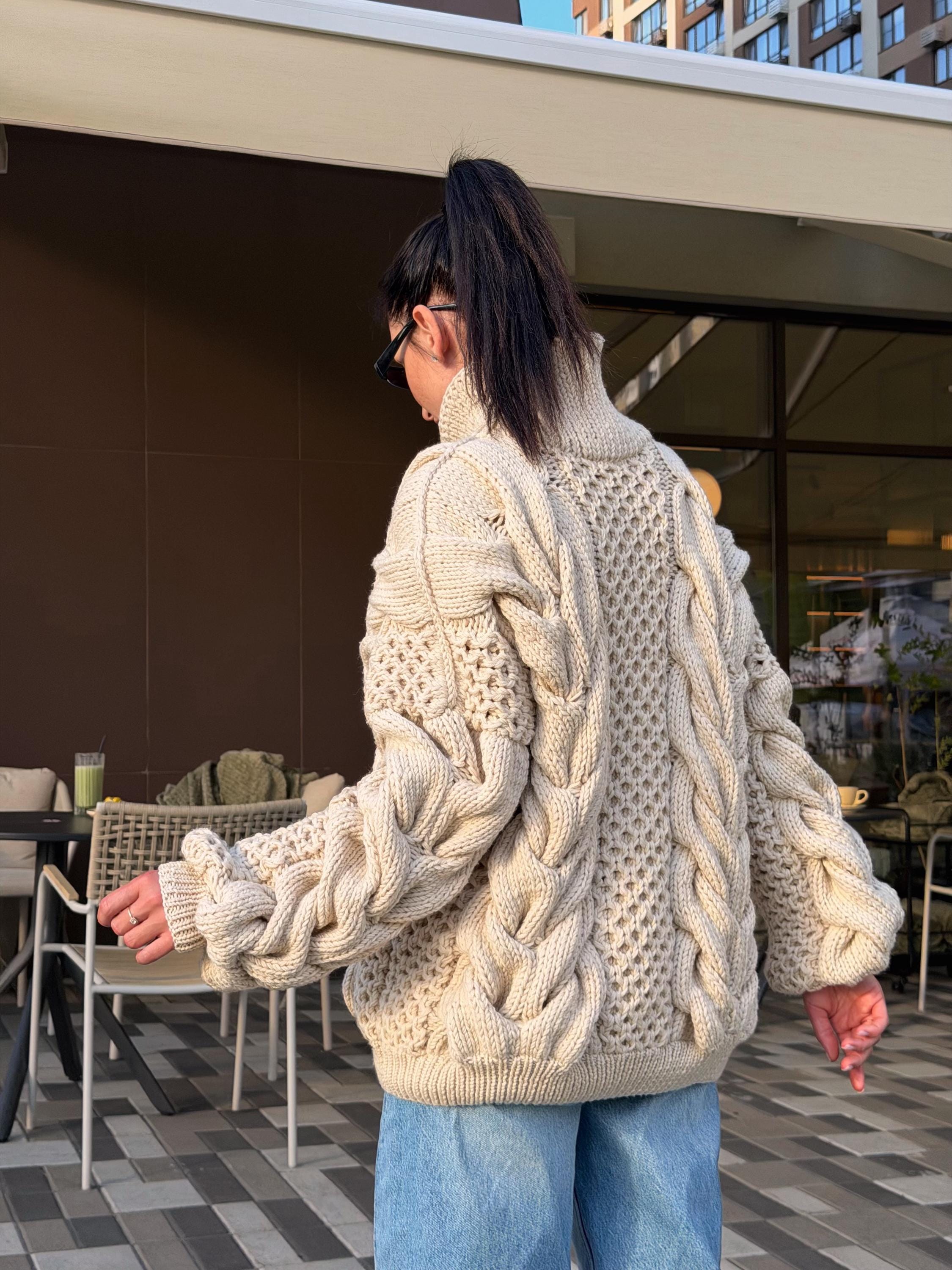Chunky cable knit chunky 100% merino wool sweater turtleneck Hand knit soft pastel beige pullover High collar Warm oversize sweater unisex