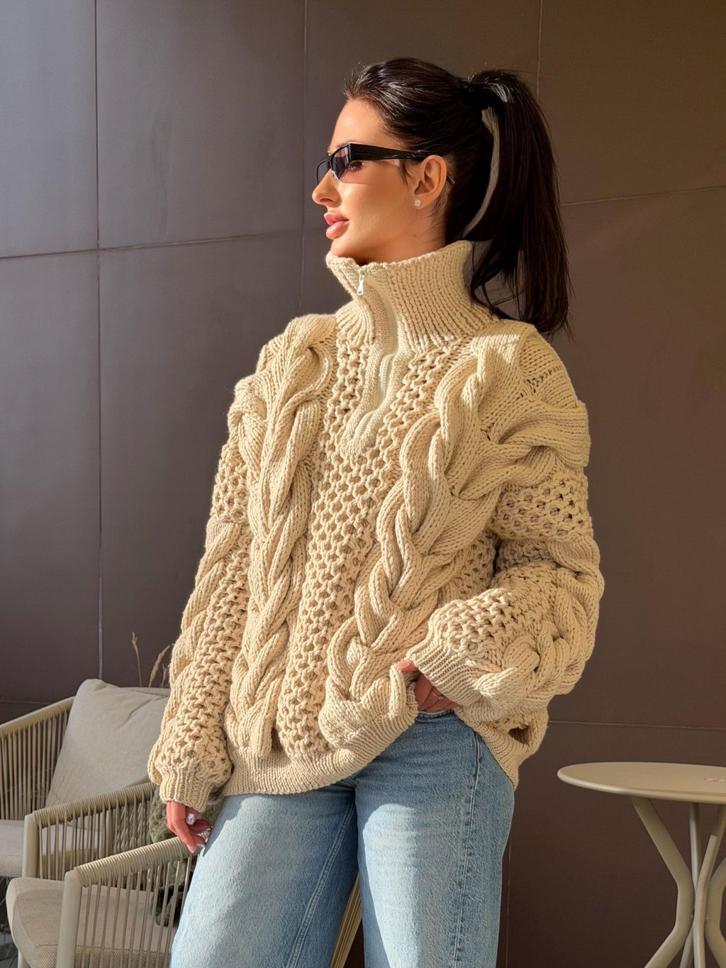 Chunky cable knit chunky 100% merino wool sweater turtleneck Hand knit soft pastel beige pullover High collar Warm oversize sweater unisex