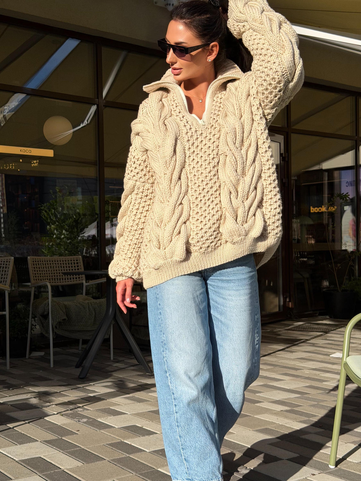 Chunky cable knit chunky 100% merino wool sweater turtleneck Hand knit soft pastel beige pullover High collar Warm oversize sweater unisex