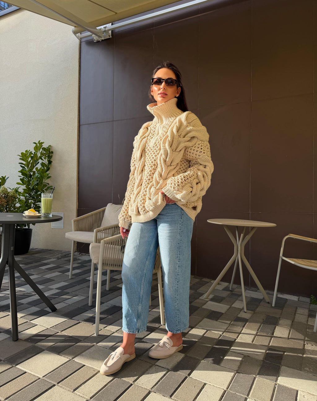 Chunky cable knit chunky 100% merino wool sweater turtleneck Hand knit soft pastel beige pullover High collar Warm oversize sweater unisex