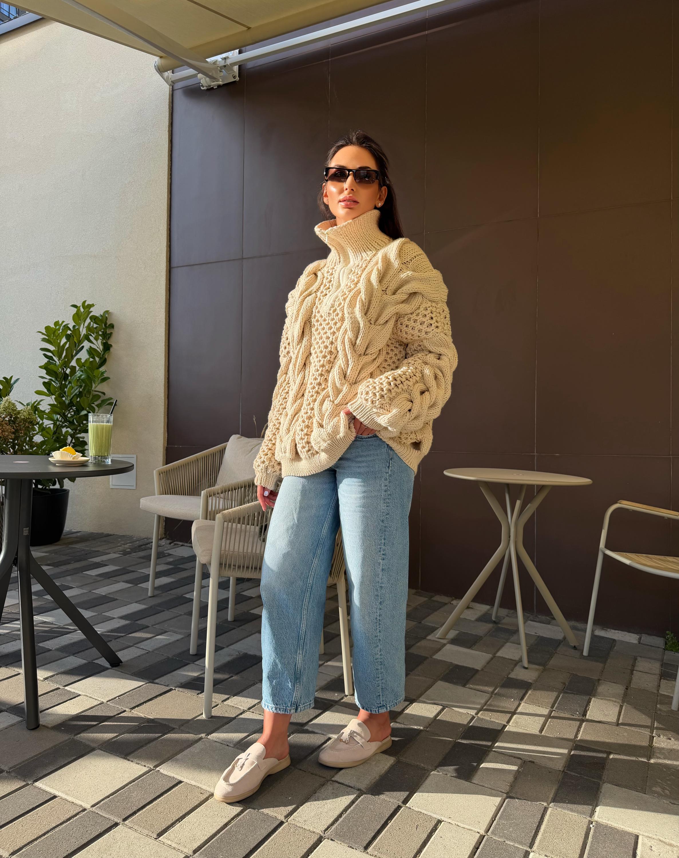 Chunky cable knit chunky 100% merino wool sweater turtleneck Hand knit soft pastel beige pullover High collar Warm oversize sweater unisex