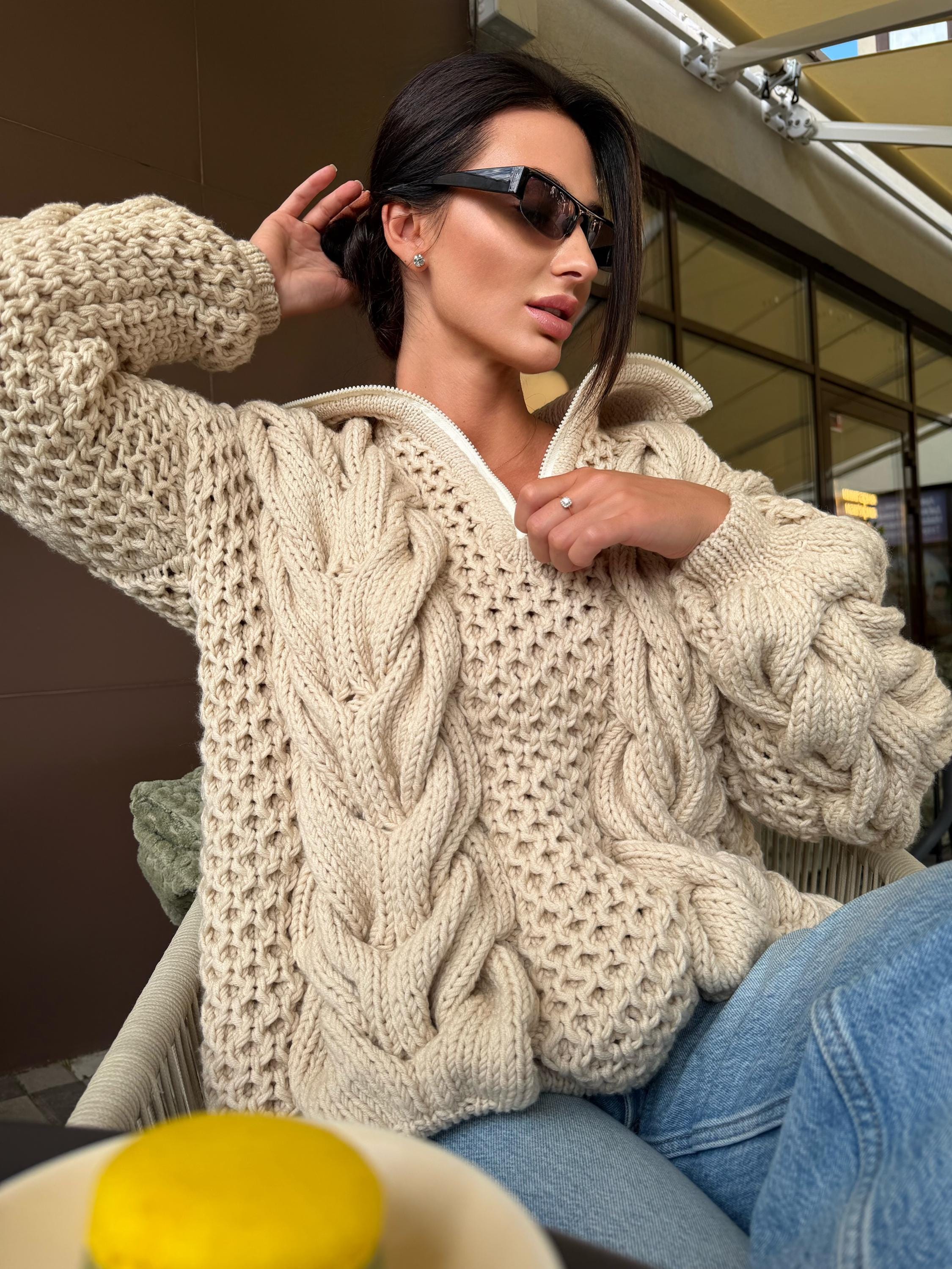 Chunky cable knit chunky 100% merino wool sweater turtleneck Hand knit soft pastel beige pullover High collar Warm oversize sweater unisex