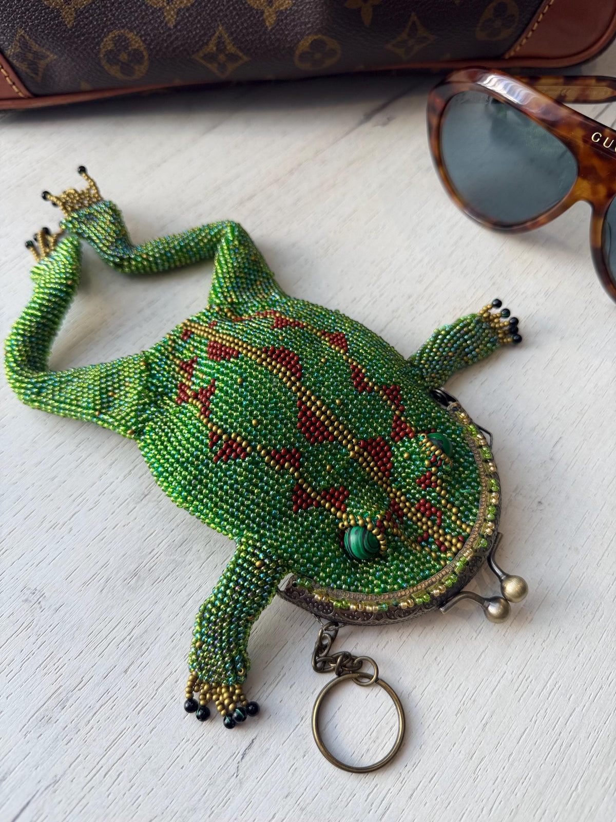 Crochet credit card keychain with beads woven green beads Large frog keychain for handbag Cute souvenir keychain Frog accessory Bag charm