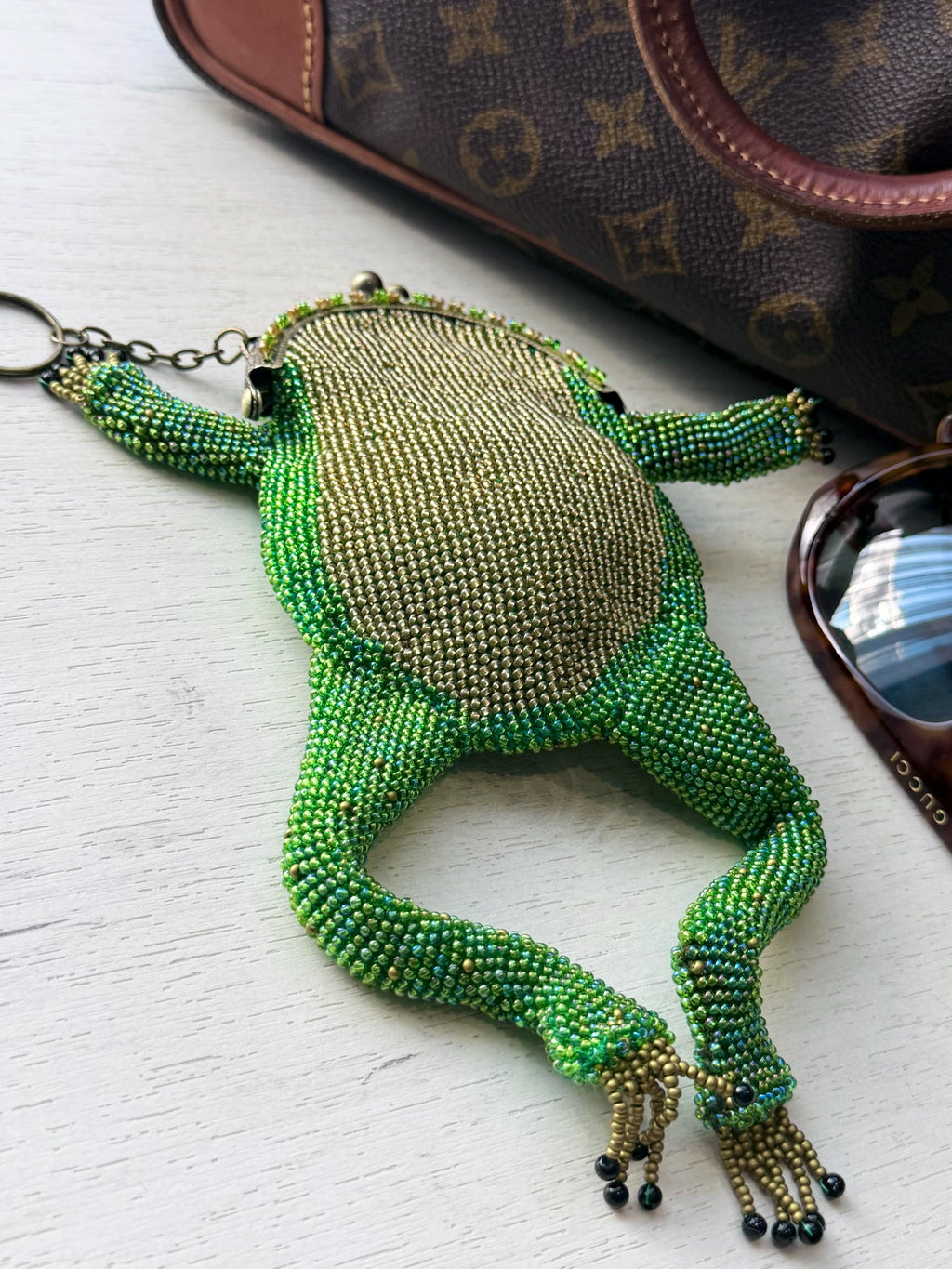 Crochet credit card keychain with beads woven green beads Large frog keychain for handbag Cute souvenir keychain Frog accessory Bag charm