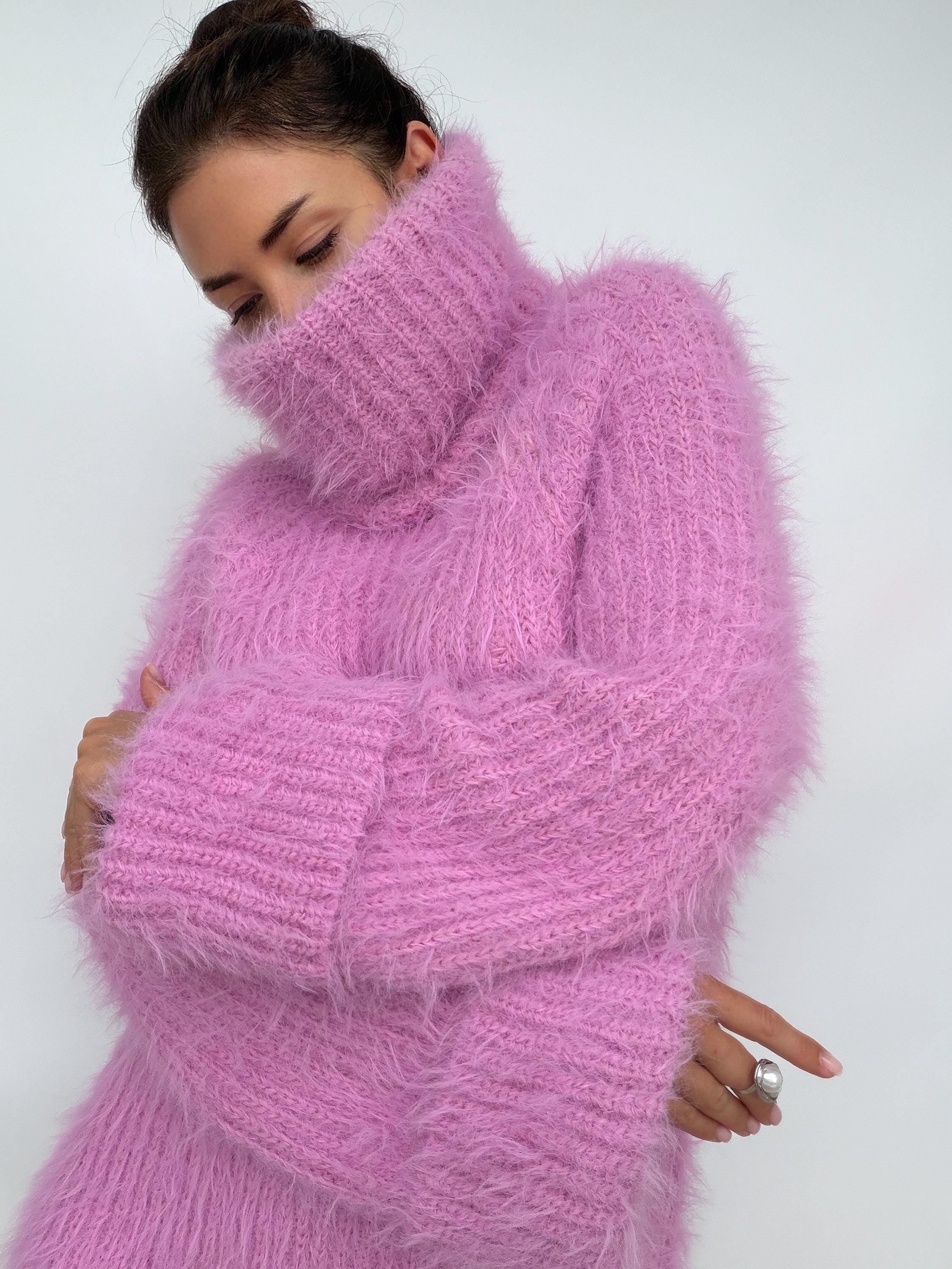 Chunky Knit Large Turtleneck Sweater Dress, Soft Light Pink Merino Wool Pullover, Oversized High Collar Winter Tunic, Handcrafted Knitwear