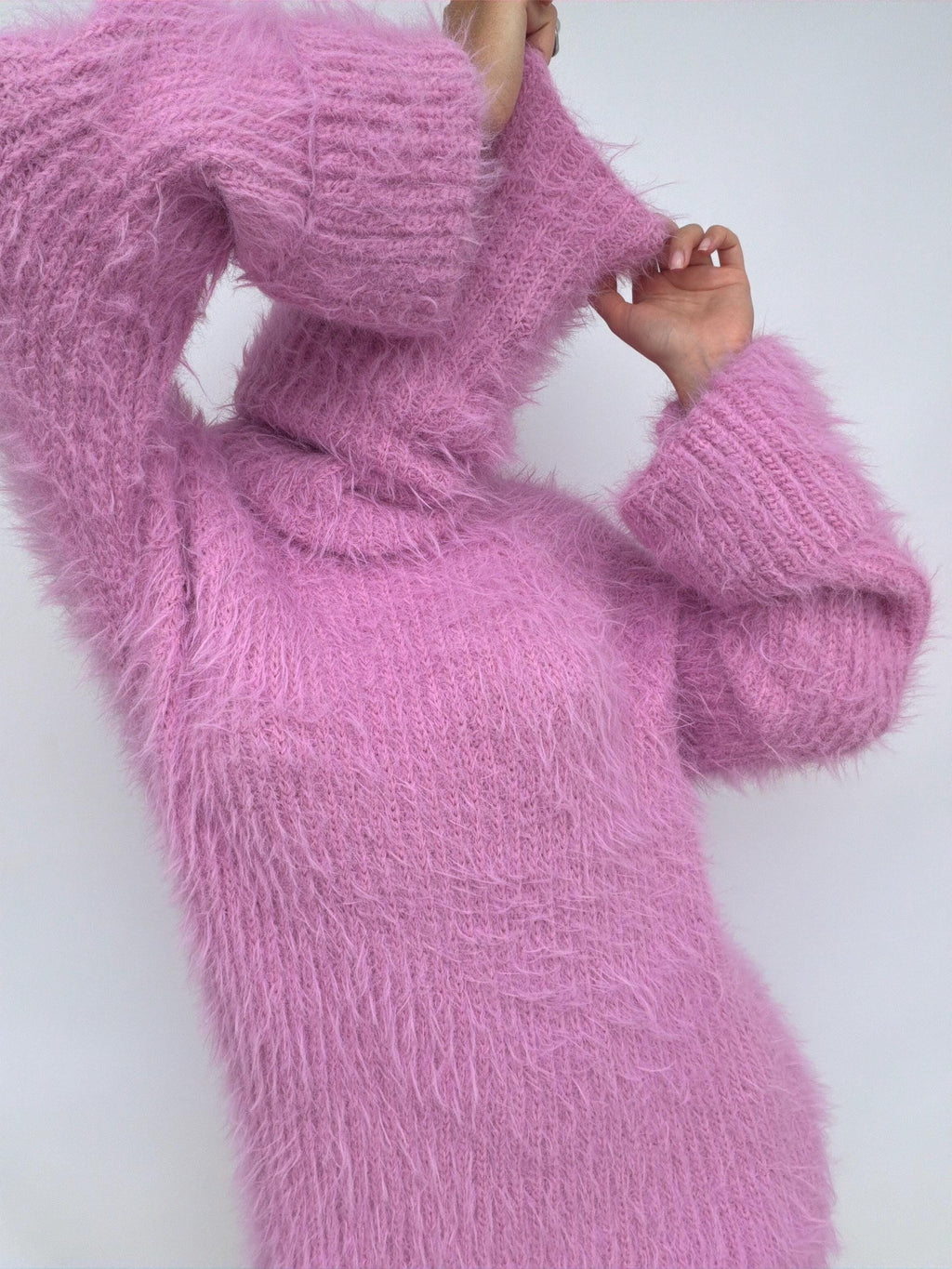 Chunky Knit Large Turtleneck Sweater Dress, Soft Light Pink Merino Wool Pullover, Oversized High Collar Winter Tunic, Handcrafted Knitwear