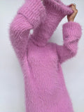 Chunky Knit Large Turtleneck Sweater Dress, Soft Light Pink Merino Wool Pullover, Oversized High Collar Winter Tunic, Handcrafted Knitwear