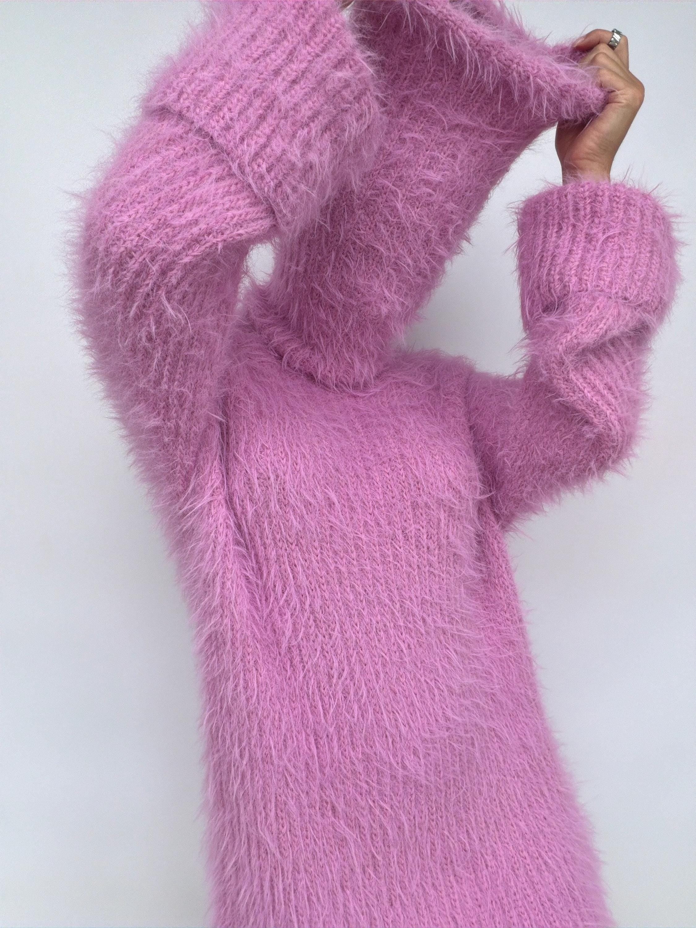 Chunky Knit Large Turtleneck Sweater Dress, Soft Light Pink Merino Wool Pullover, Oversized High Collar Winter Tunic, Handcrafted Knitwear
