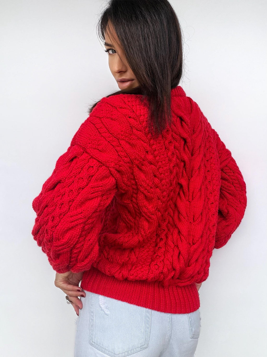 Chunky hand knit red wool Aran sweater women Knitted jumper 7/8 sleeve Cable knit Oversized pullover