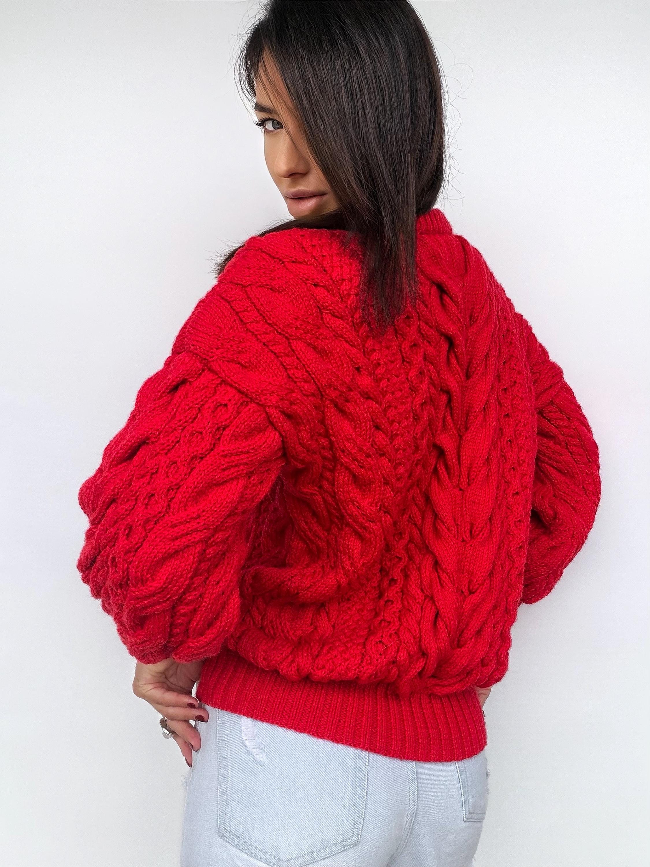 Chunky hand knit red wool Aran sweater women Knitted jumper 7/8 sleeve Cable knit Oversized pullover