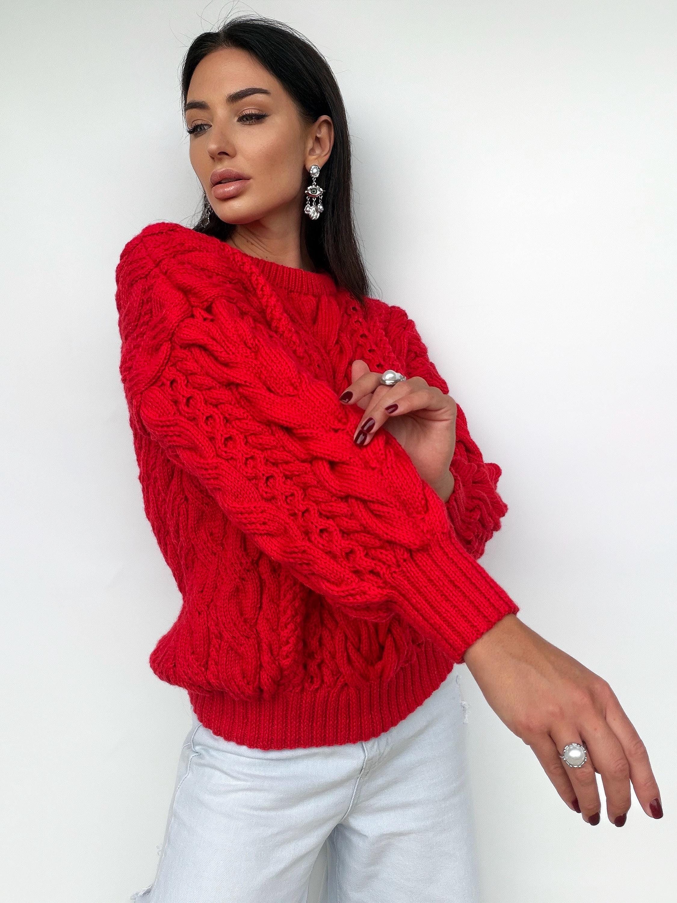 Chunky hand knit red wool Aran sweater women Knitted jumper 7/8 sleeve Cable knit Oversized pullover
