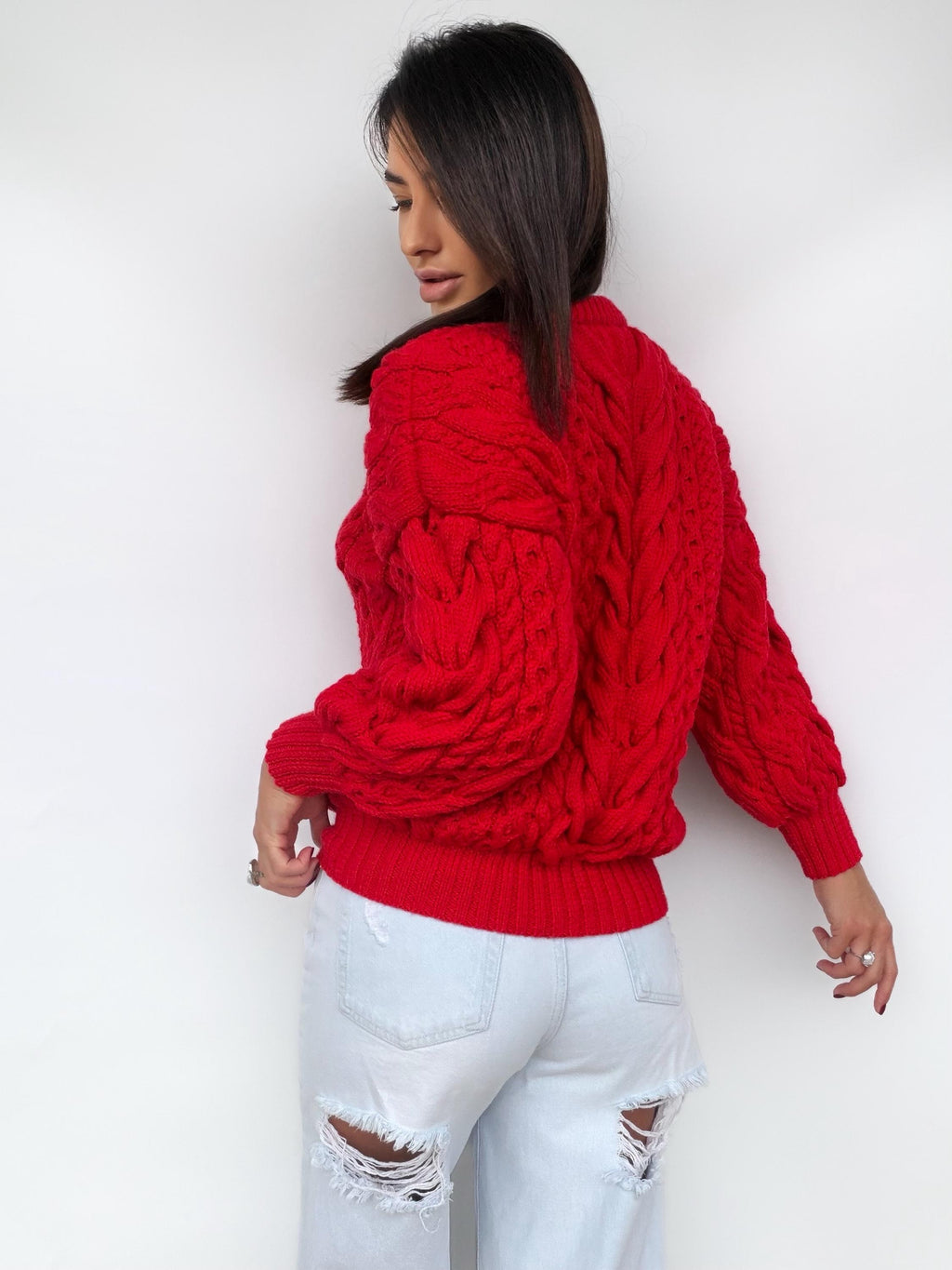 Chunky hand knit red wool Aran sweater women Knitted jumper 7/8 sleeve Cable knit Oversized pullover