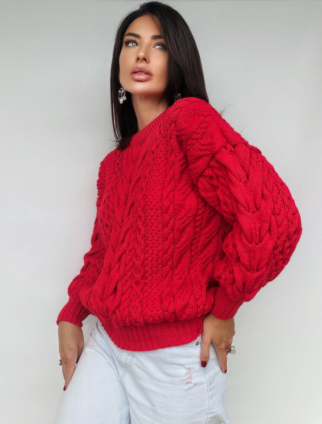 Chunky hand knit red wool Aran sweater women Knitted jumper 7/8 sleeve Cable knit Oversized pullover