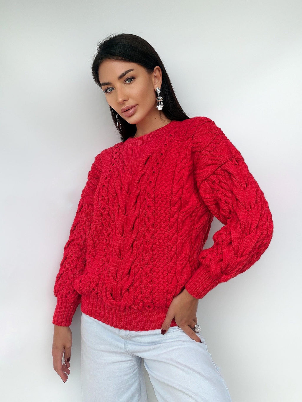 Chunky hand knit red wool Aran sweater women Knitted jumper 7/8 sleeve Cable knit Oversized pullover