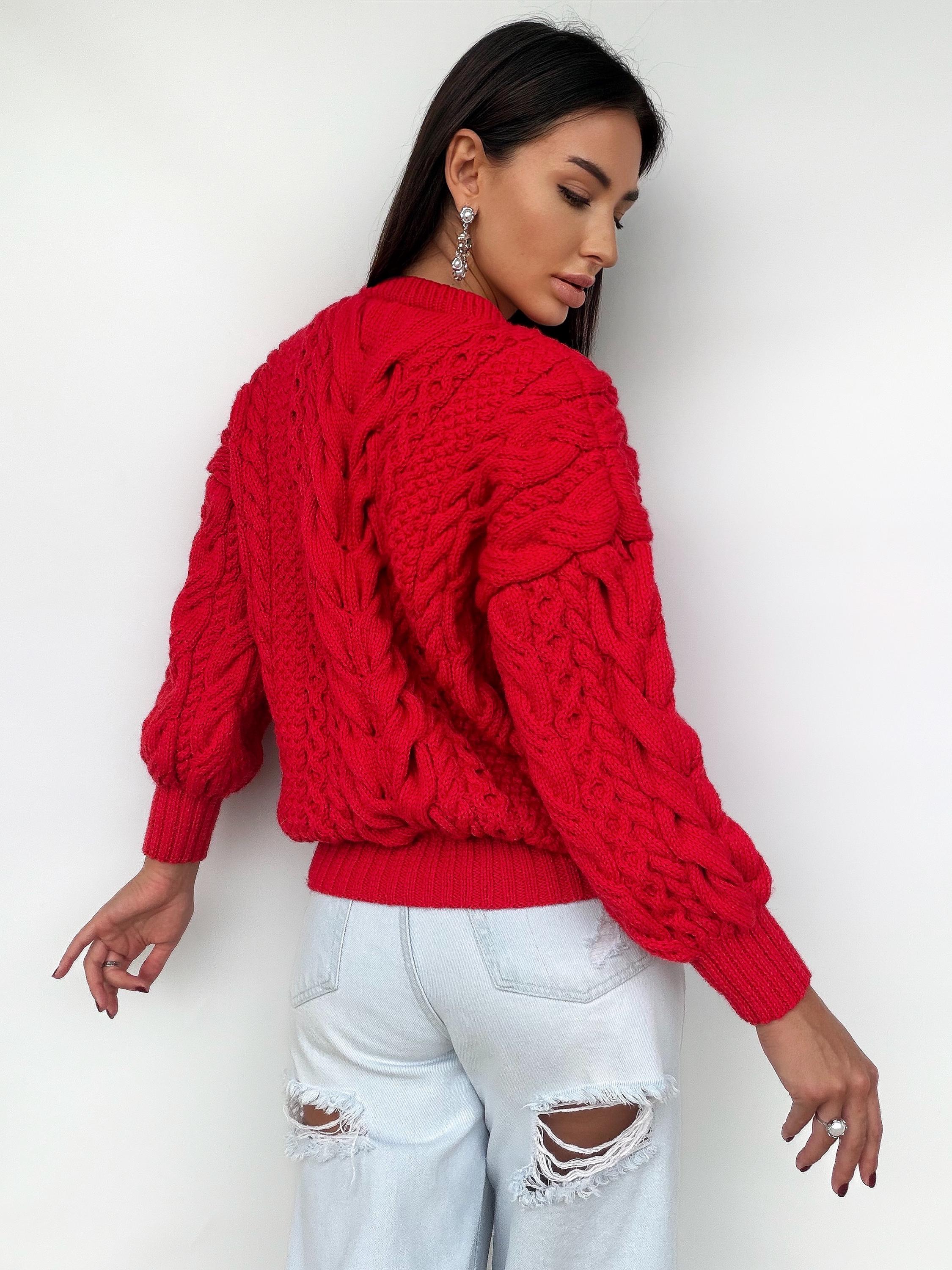 Chunky hand knit red wool Aran sweater women Knitted jumper 7/8 sleeve Cable knit Oversized pullover