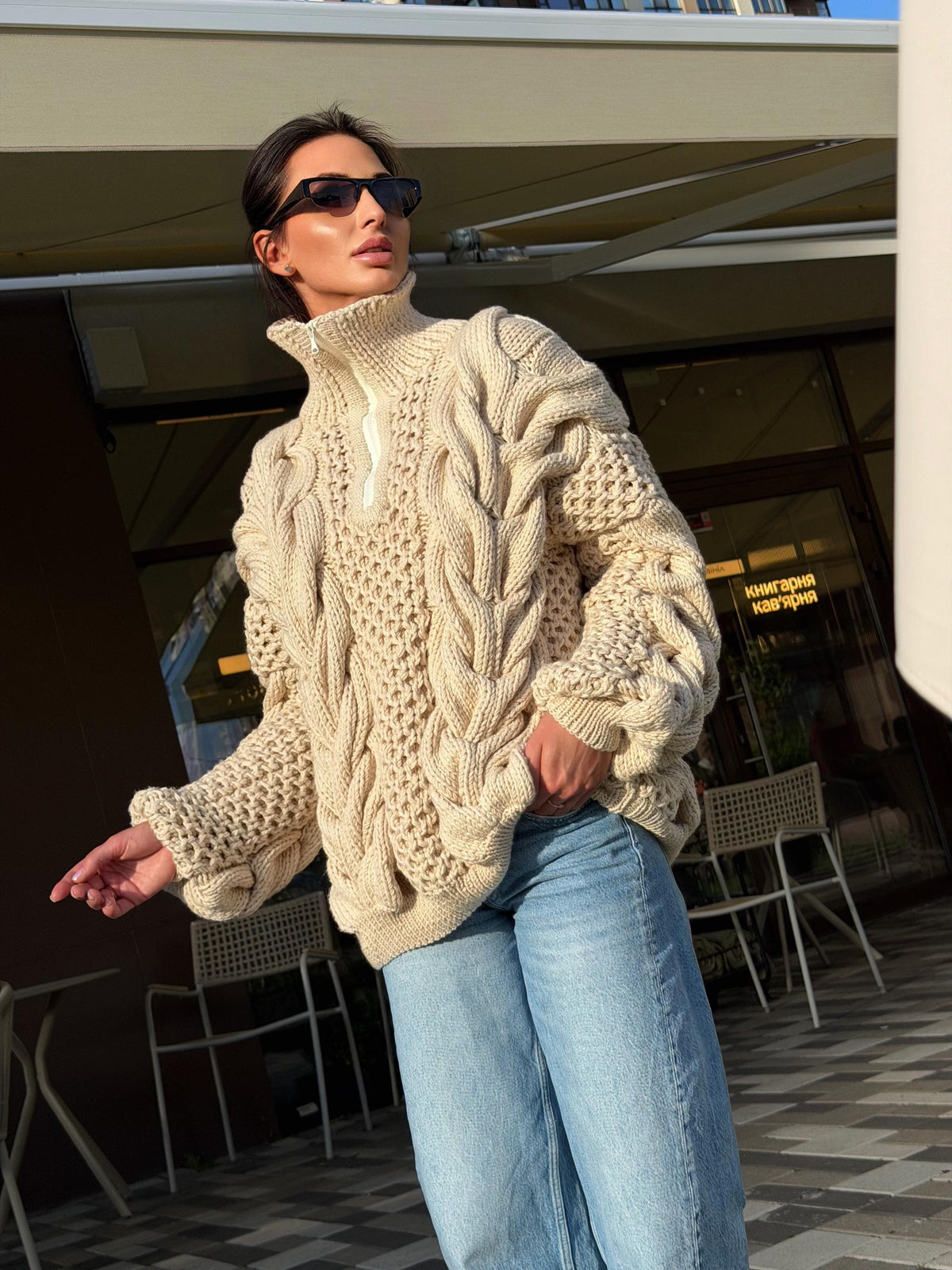 Chunky cable knit chunky 100% merino wool sweater turtleneck Hand knit soft pastel beige pullover High collar Warm oversize sweater unisex