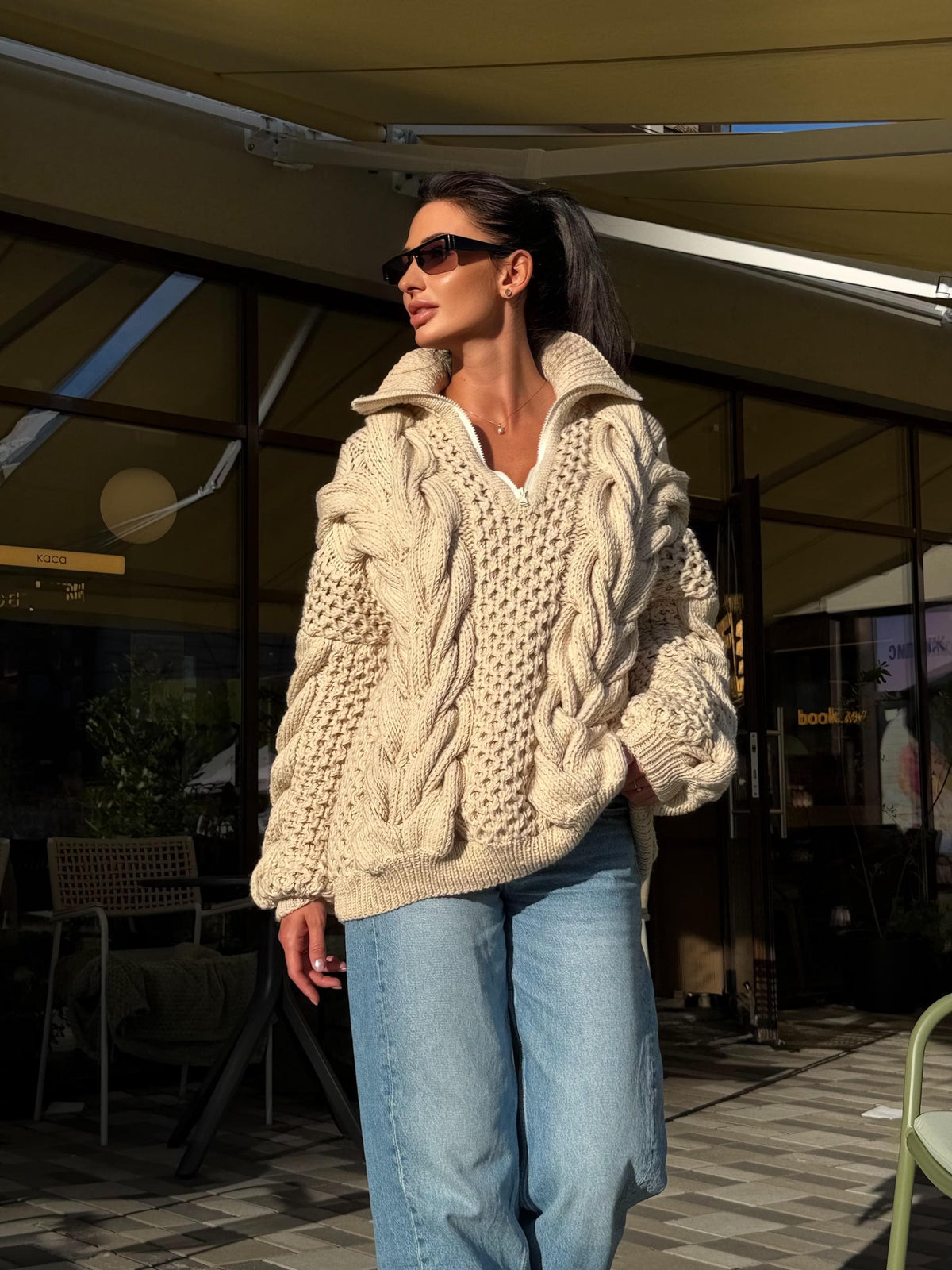 Chunky cable knit chunky 100% merino wool sweater turtleneck Hand knit soft pastel beige pullover High collar Warm oversize sweater unisex