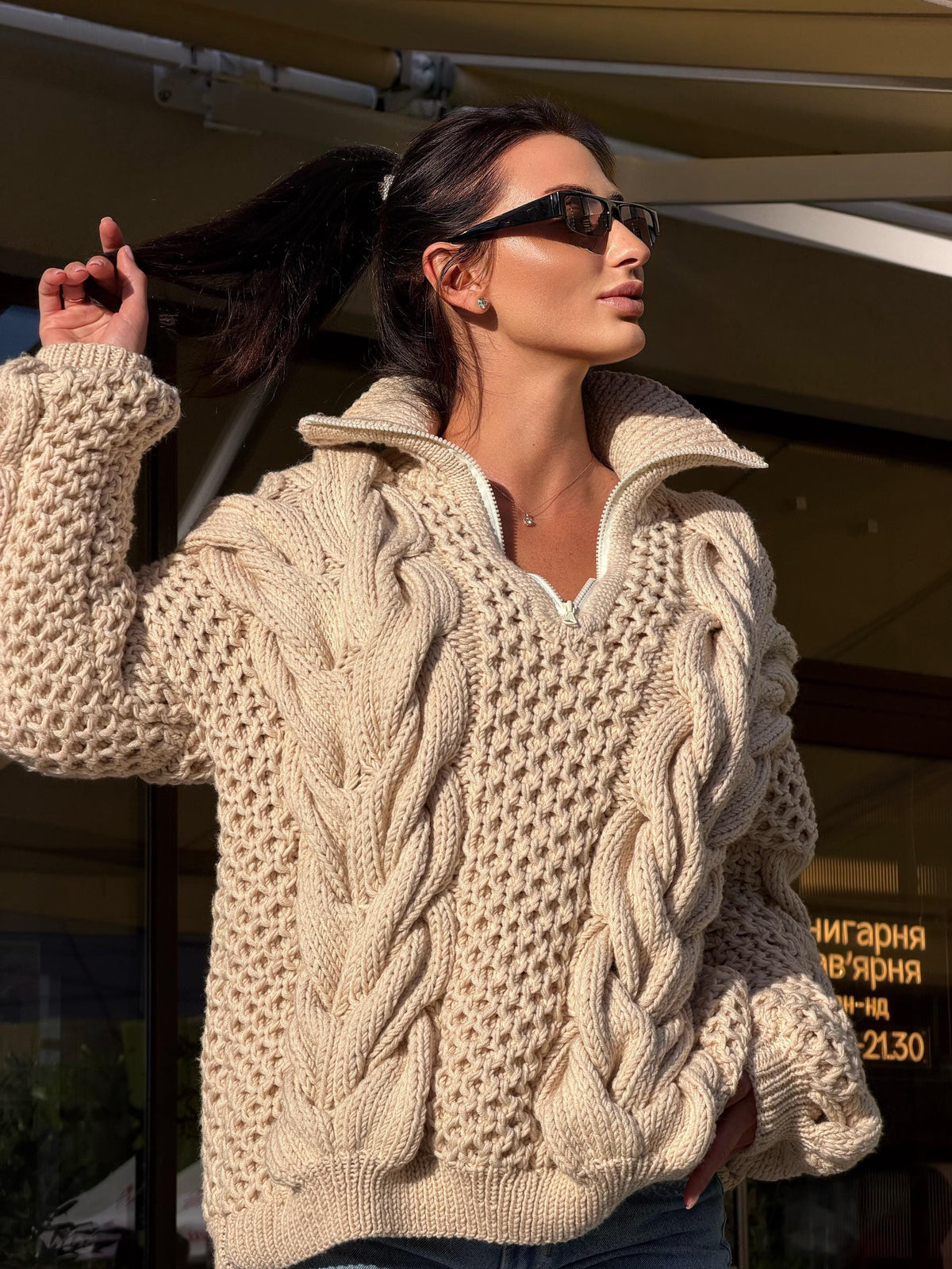 Chunky cable knit chunky 100% merino wool sweater turtleneck Hand knit soft pastel beige pullover High collar Warm oversize sweater unisex