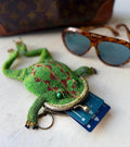 Crochet credit card keychain with beads woven green beads Large frog keychain for handbag Cute souvenir keychain Frog accessory Bag charm