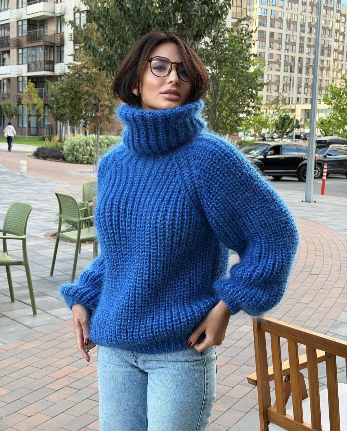 Mohair cable knit blue sweater large turtleneck Hand knit fluffy chunky high collar oversized big sweater