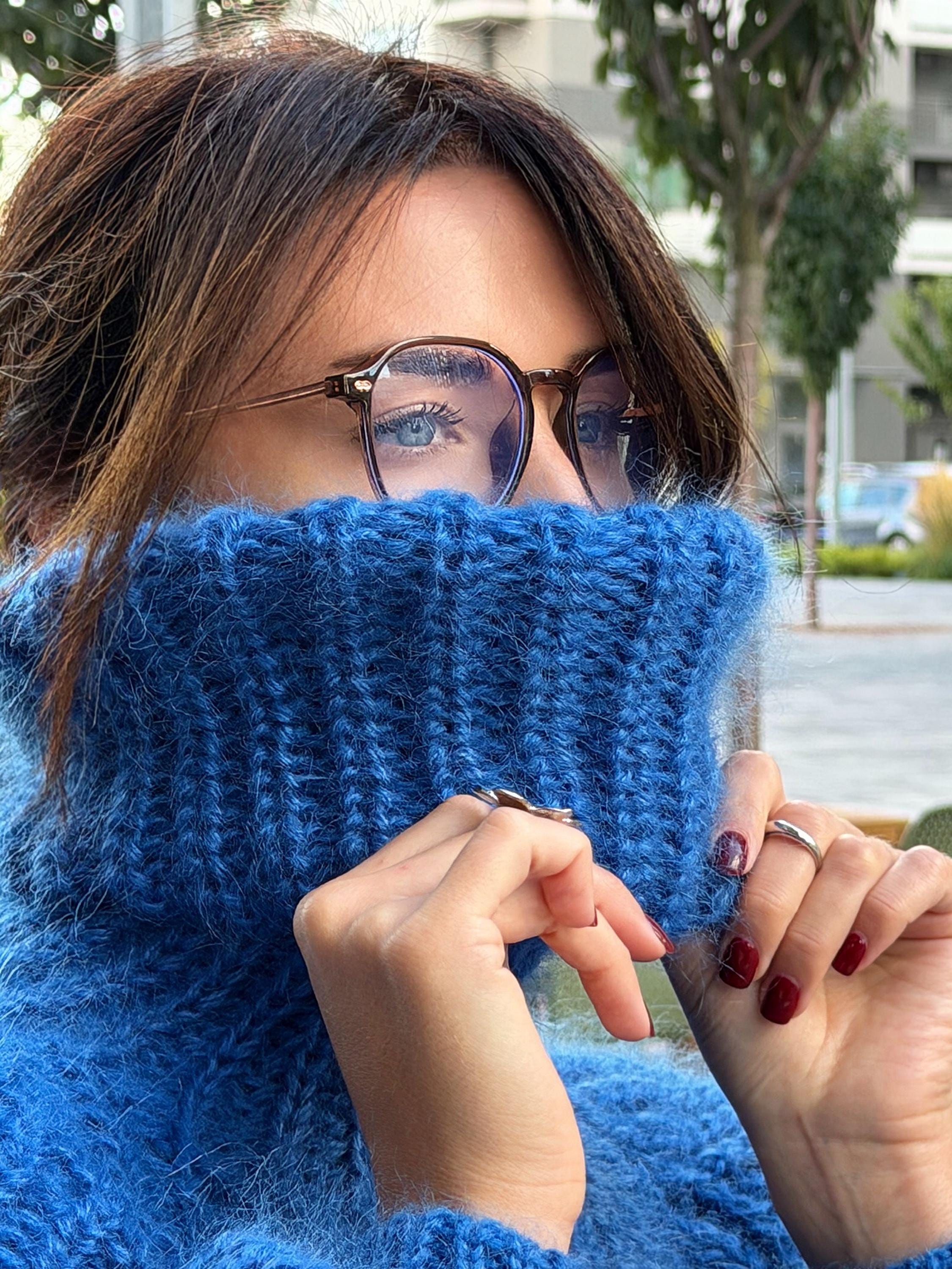 Mohair cable knit blue sweater large turtleneck Hand knit fluffy chunky high collar oversized big sweater