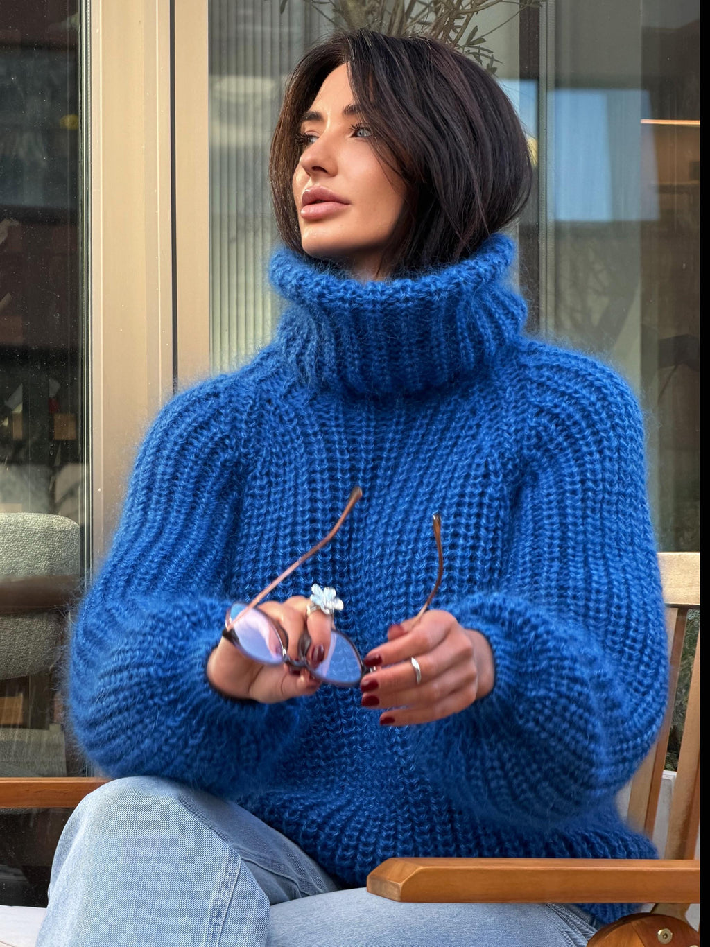 Mohair cable knit blue sweater large turtleneck Hand knit fluffy chunky high collar oversized big sweater