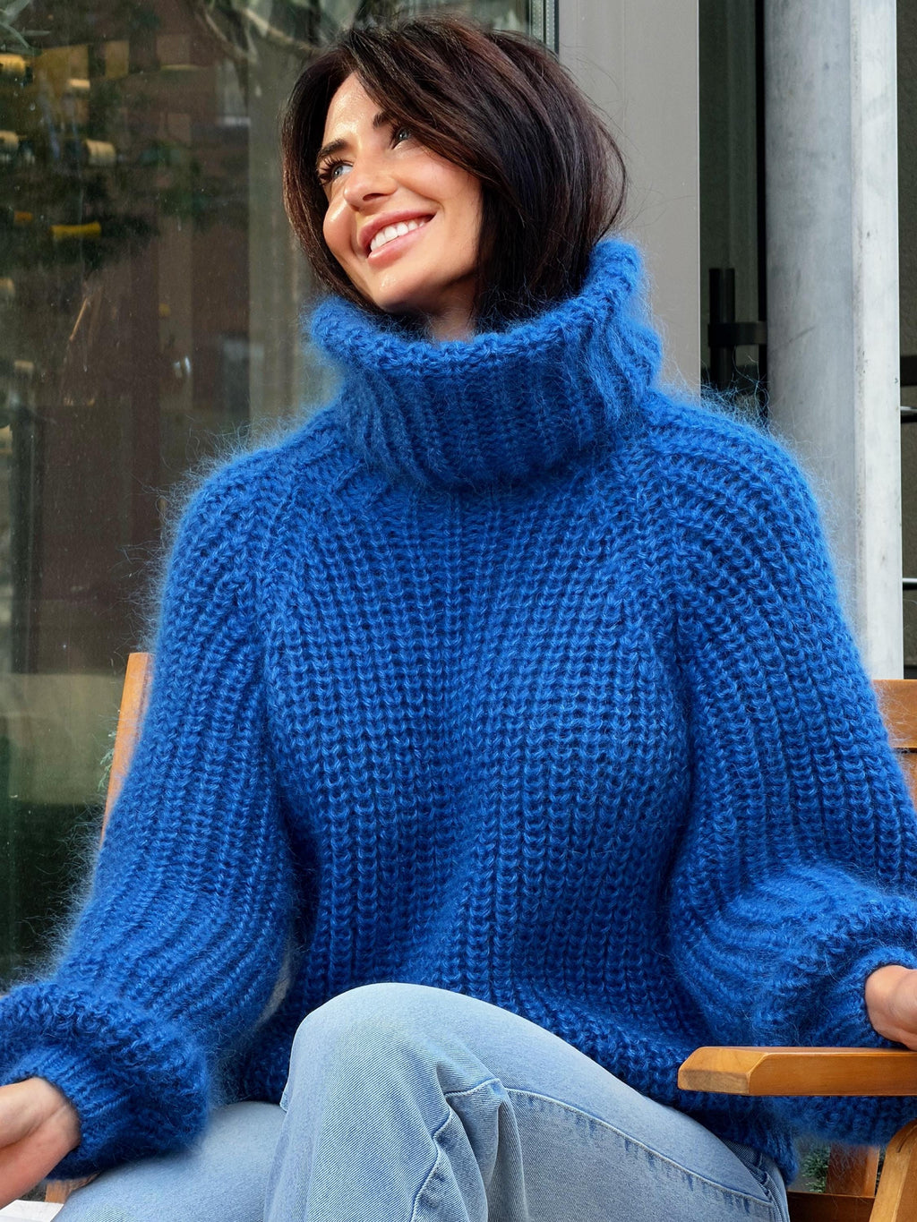 Mohair cable knit blue sweater large turtleneck Hand knit fluffy chunky high collar oversized big sweater