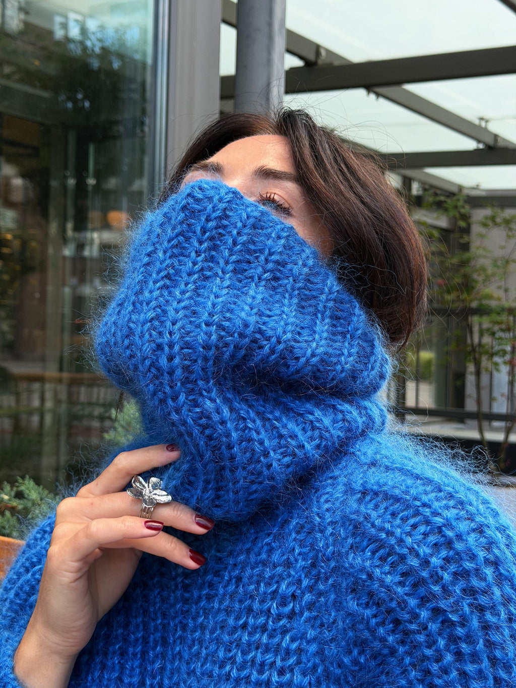 Mohair cable knit blue sweater large turtleneck Hand knit fluffy chunky high collar oversized big sweater